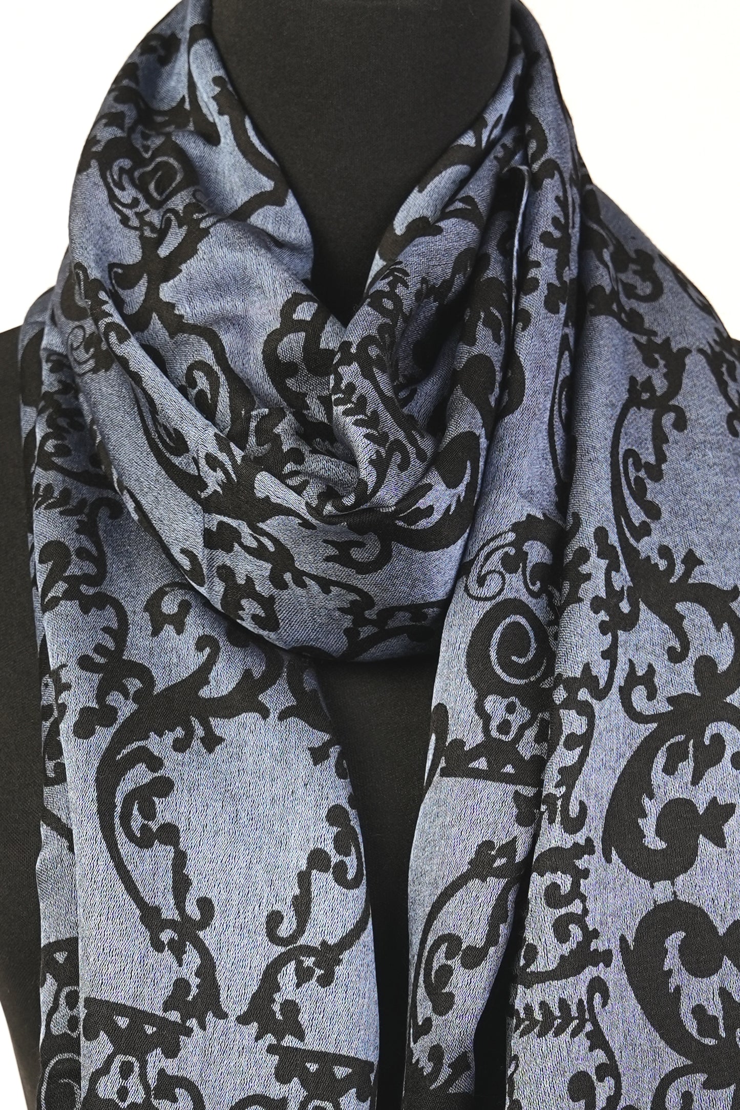 Floral Print Black Pashmina Silk Blend Shawl