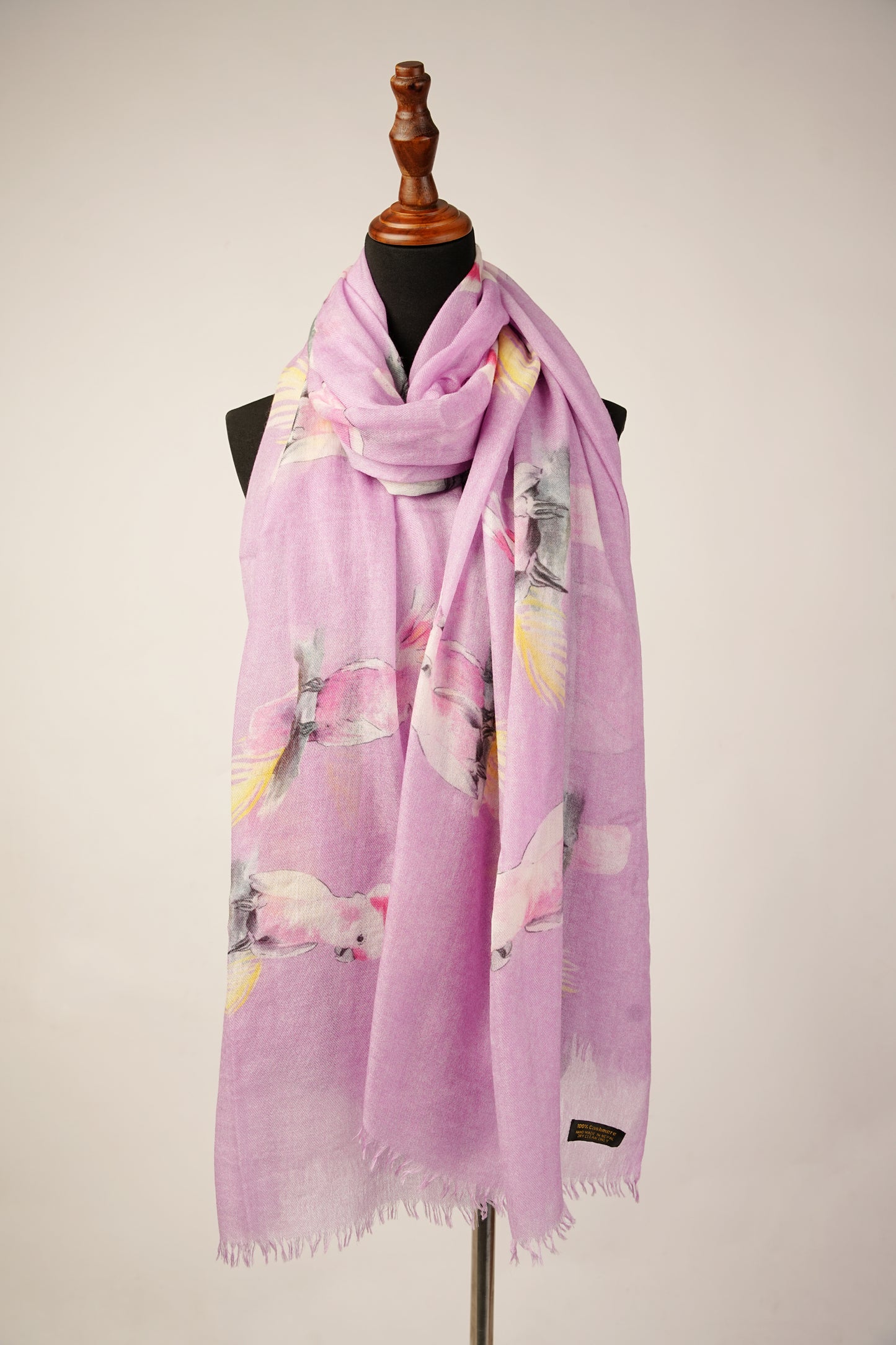 cashmere Shawl featuring a distinctive cockatoo bird paradise print