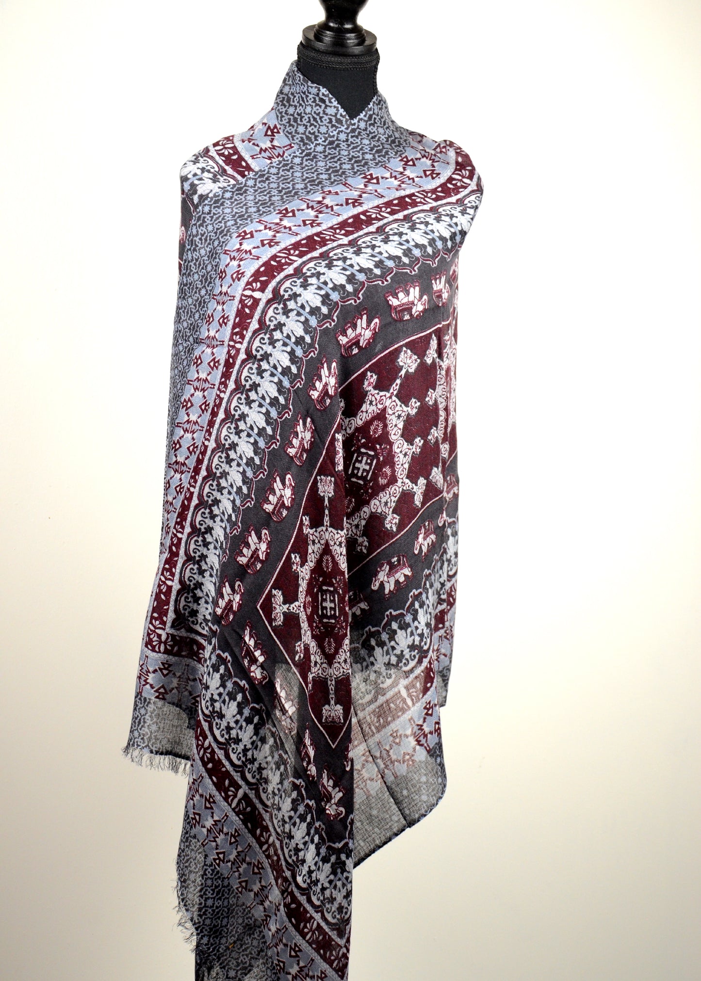 Elephant print burgundy cashmere wrap