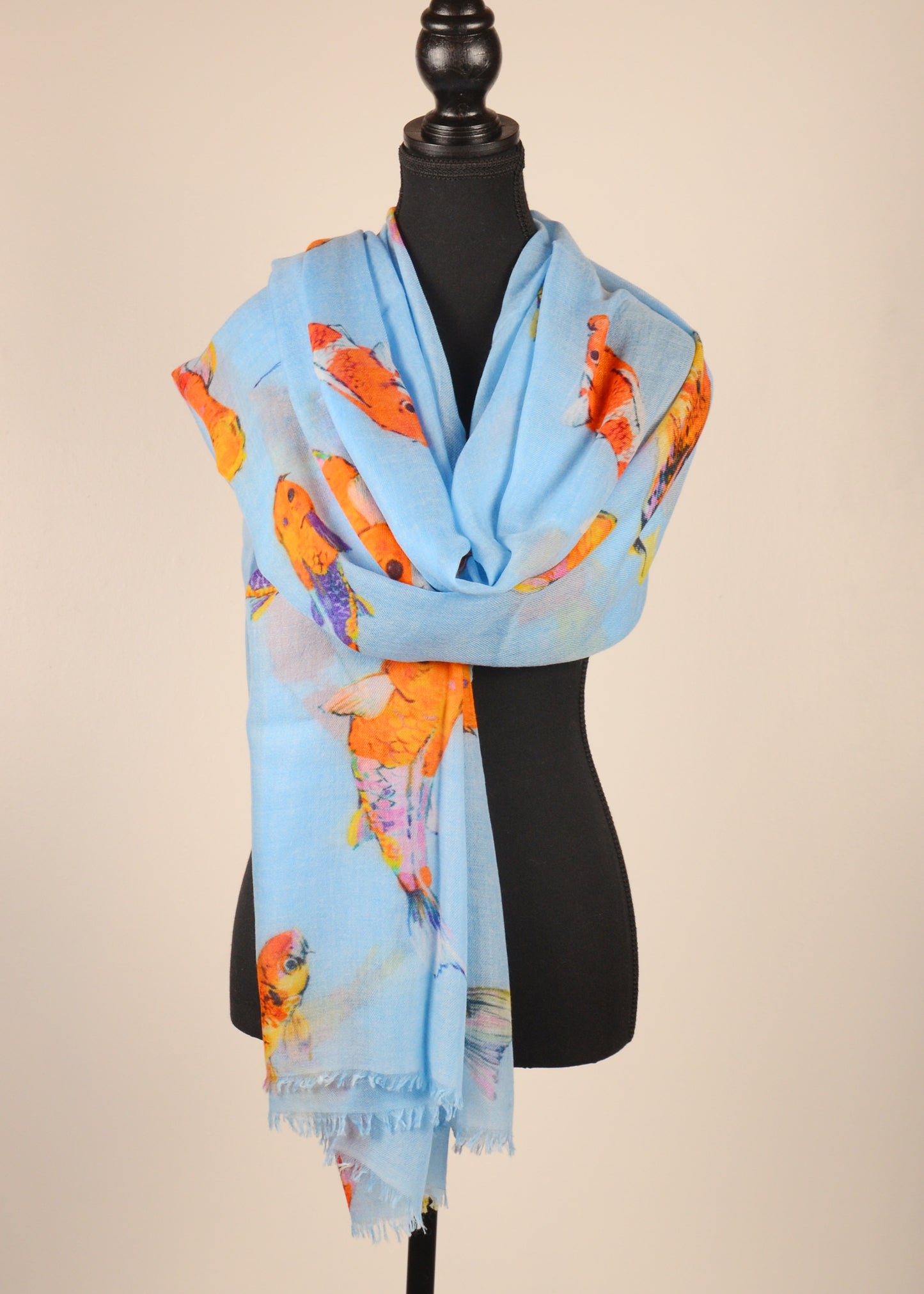 Koi fish printed blue cashmere shawl