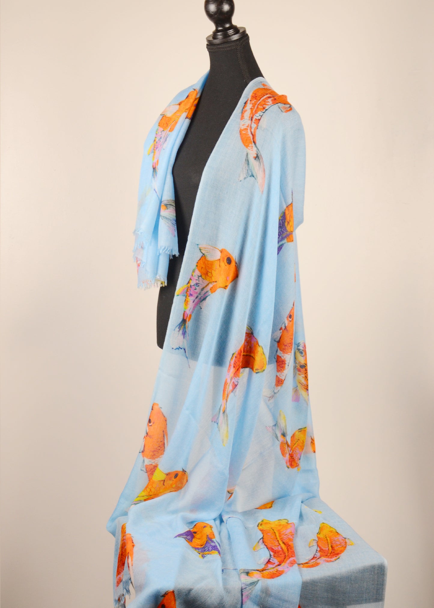 Koi fish printed blue cashmere shawl