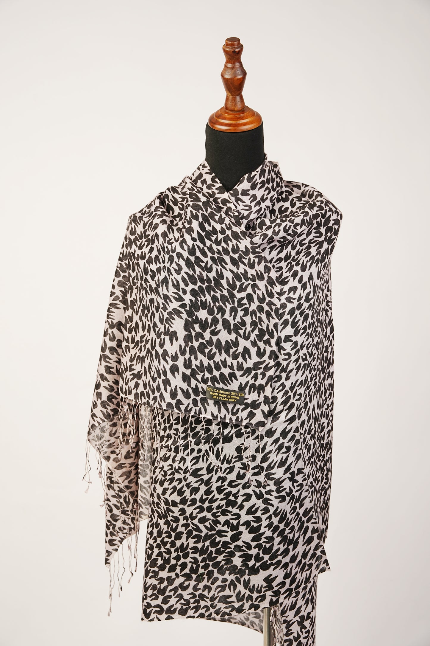 Ivory and black cashmere shawl with animal print