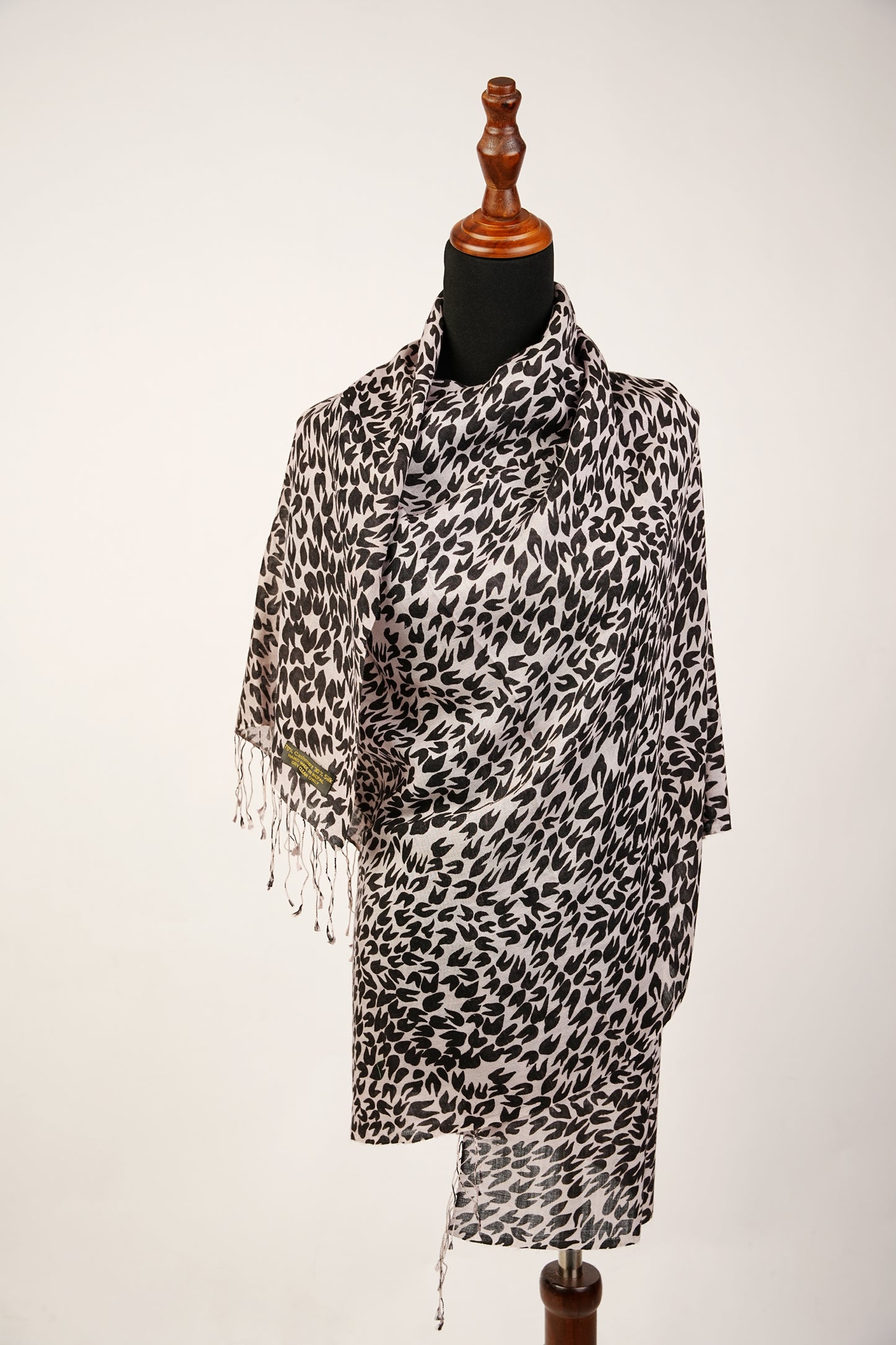 Ivory and black cashmere shawl with animal print