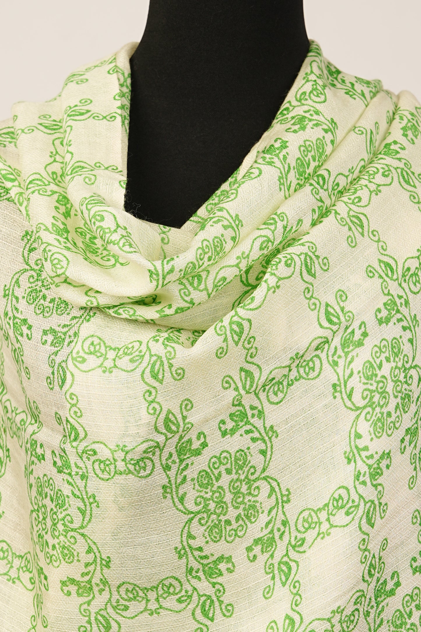 Green Pashmina and Silk Blend Shawl with a printed floral theme