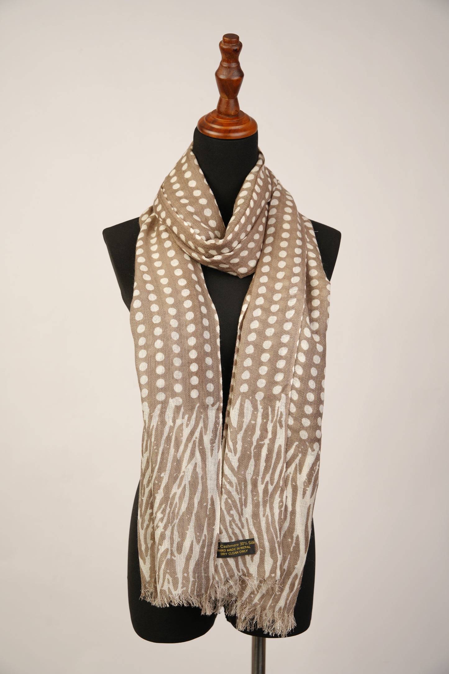 Perfect for Autumn, this Tan Colored Polka Dot Cashmere Shawl Blend with Silk