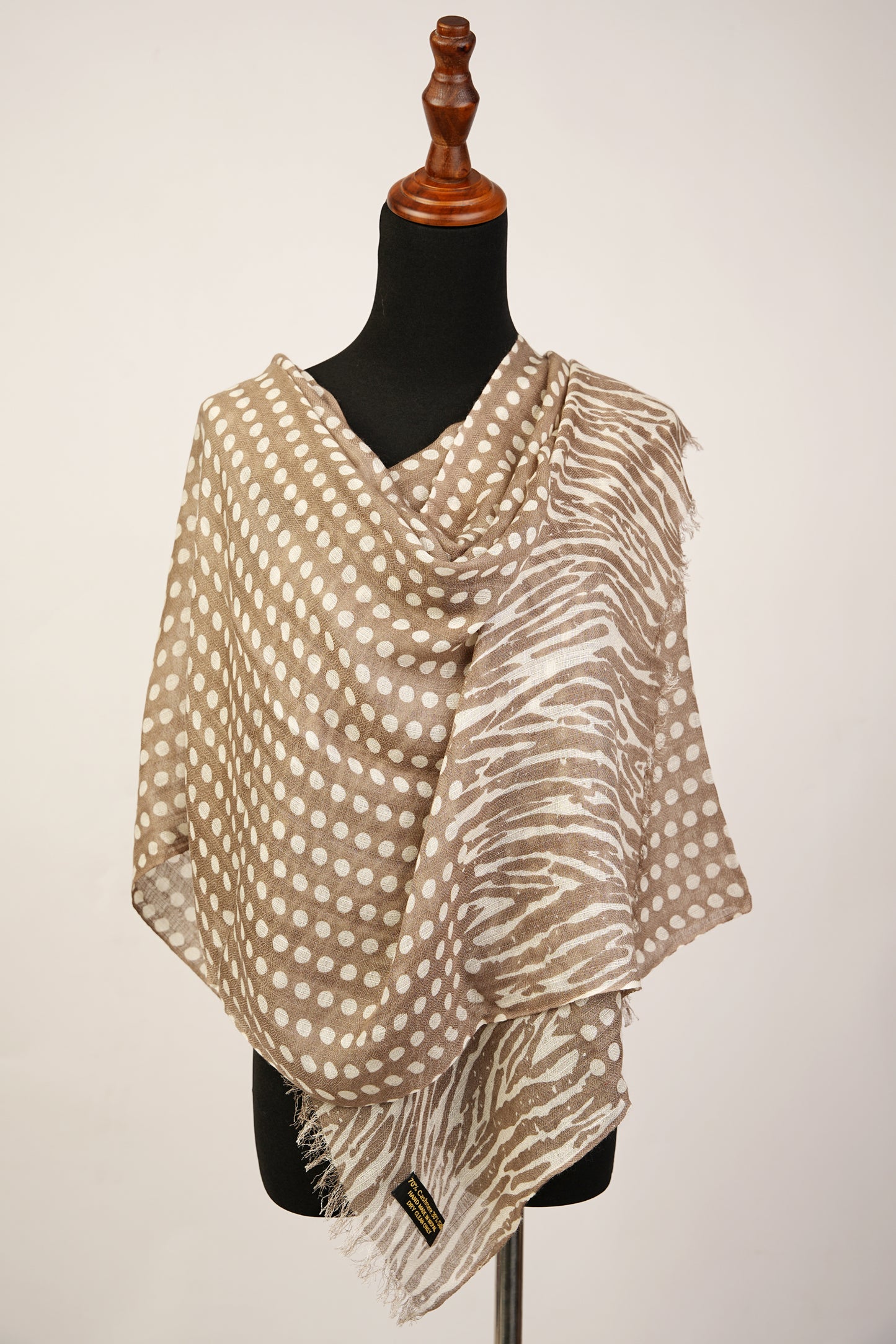 Perfect for Autumn, this Tan Colored Polka Dot Cashmere Shawl Blend with Silk