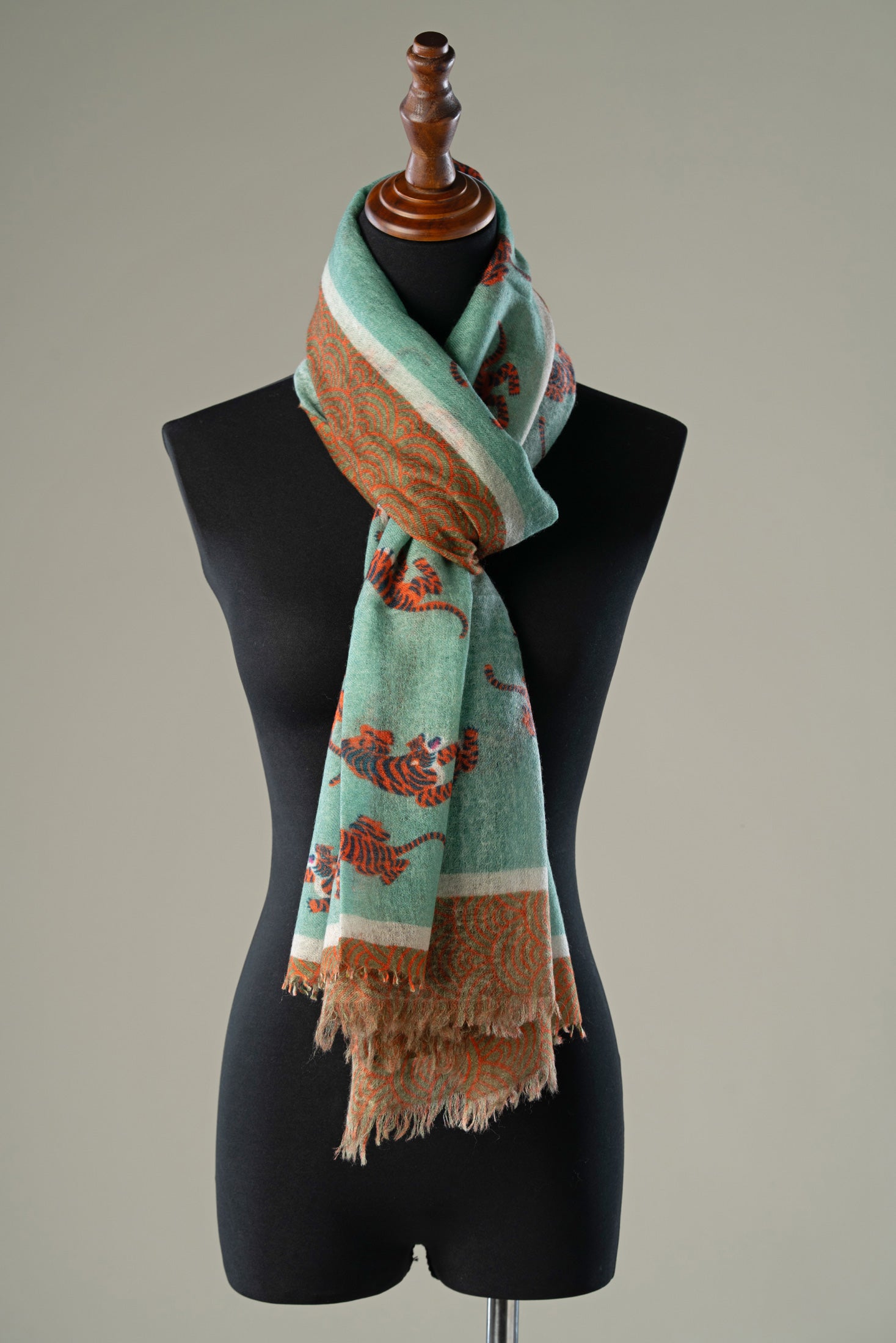 Aqua Tiger Print Cashmere Shawl | Luxury Handwoven Designer Wrap