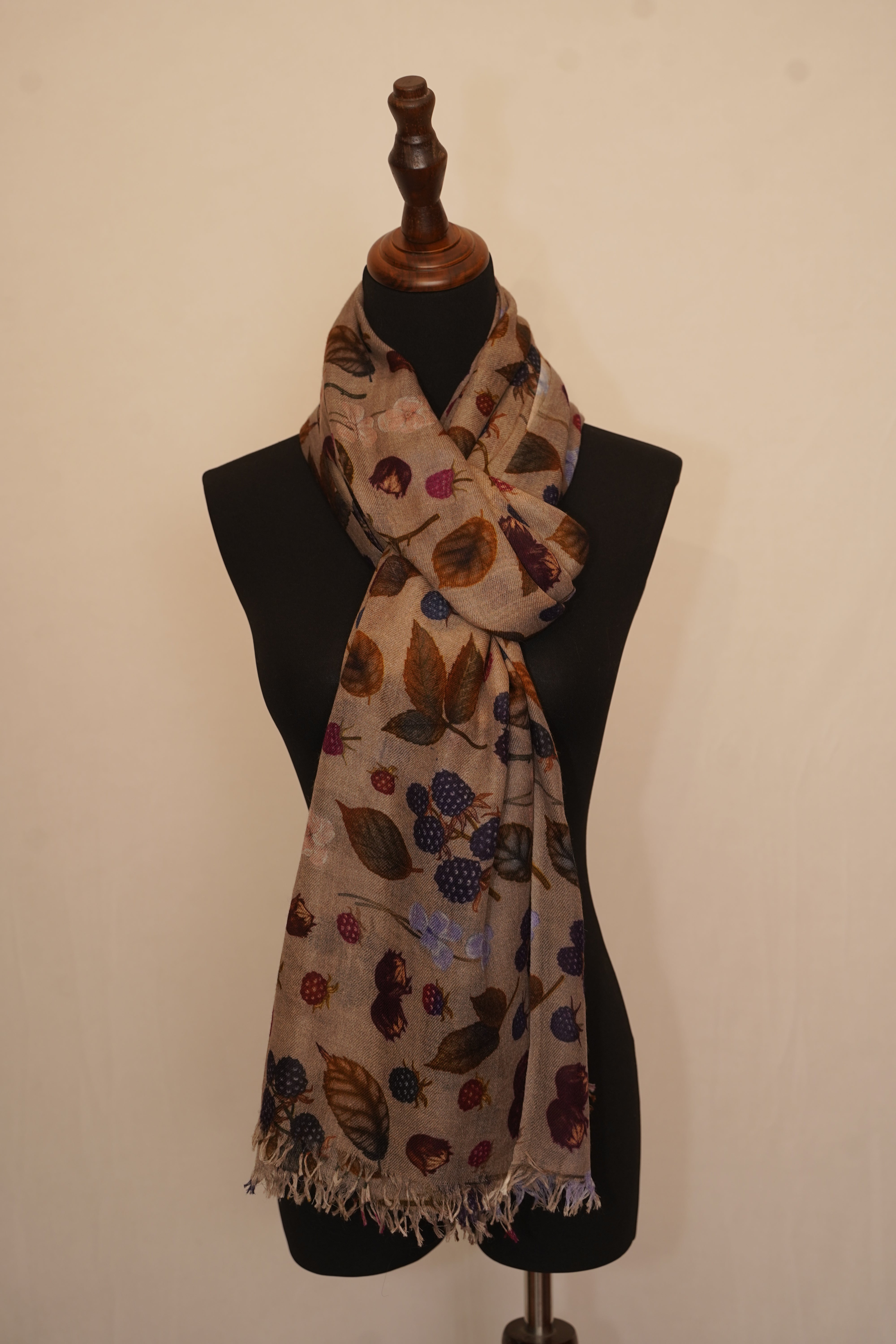 Beige pashmina shawl wrap with berry print