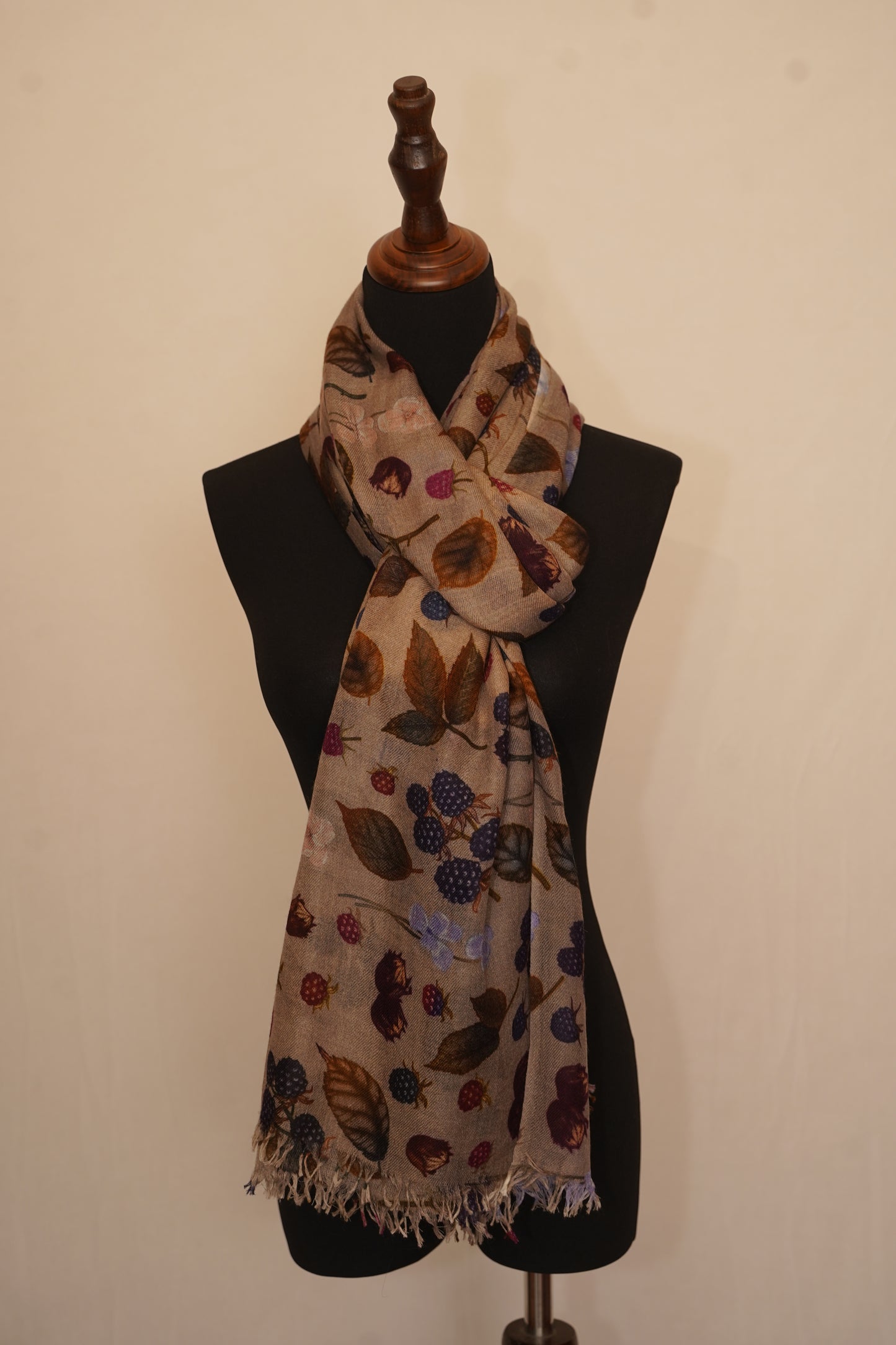 Beige pashmina shawl wrap with berry print