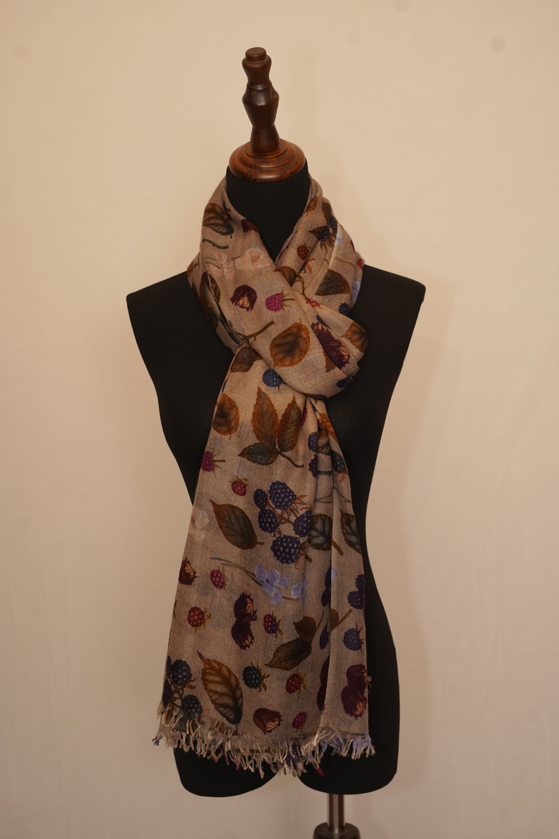 Beige pashmina shawl wrap with berry print
