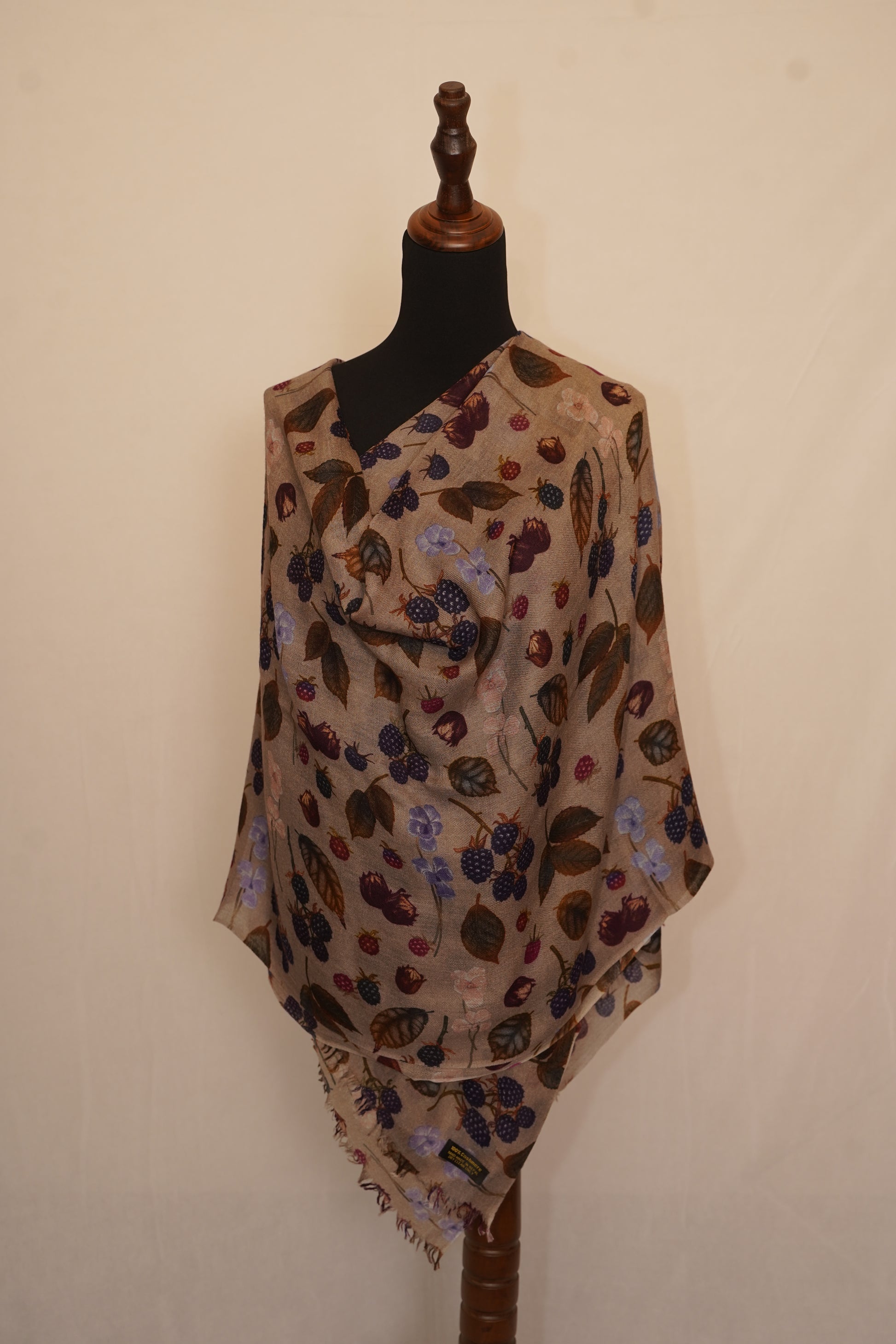 Beige floral printed shawl with berry and leaf pattern