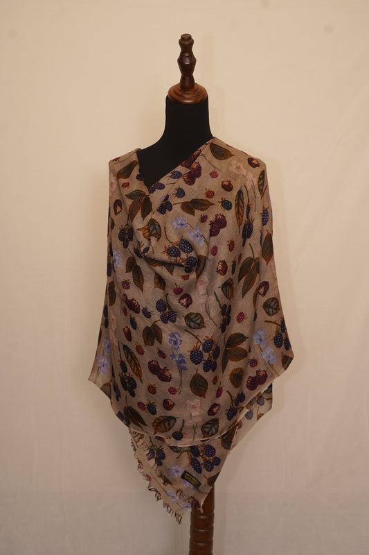 Beige floral printed shawl with berry and leaf pattern
