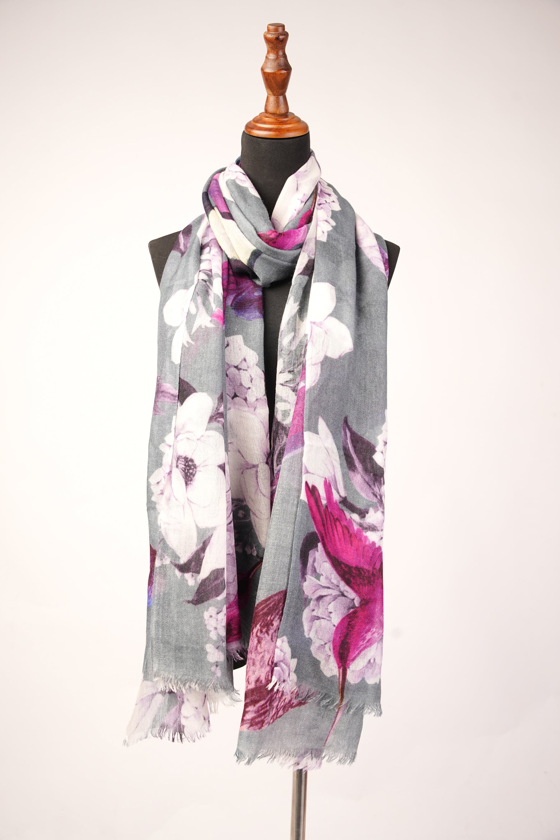 Charcoal Gray Cashmere Shawl with Bird Print Design