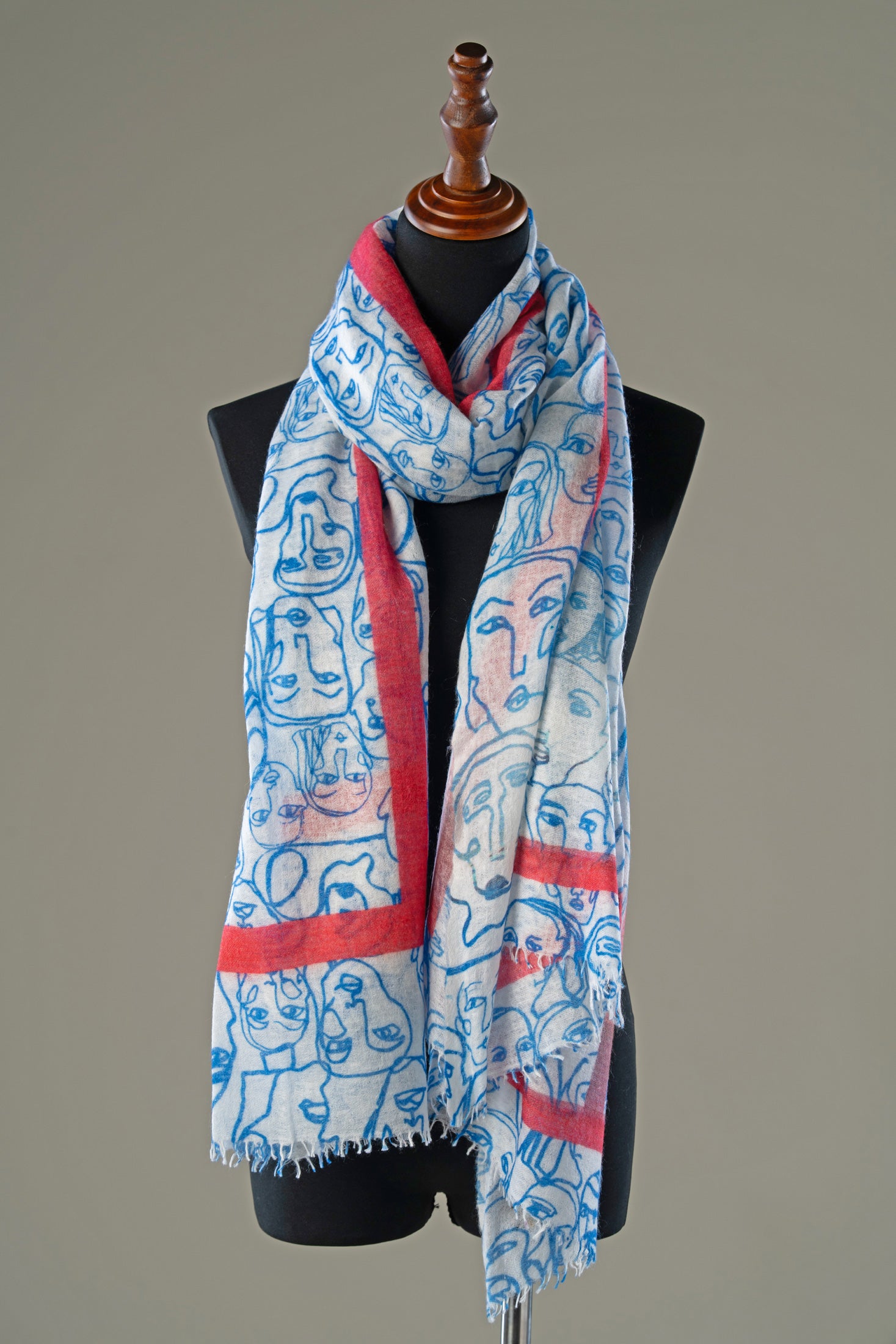 Luxury Abstract Blue Face Print Cashmere Shawl For Women