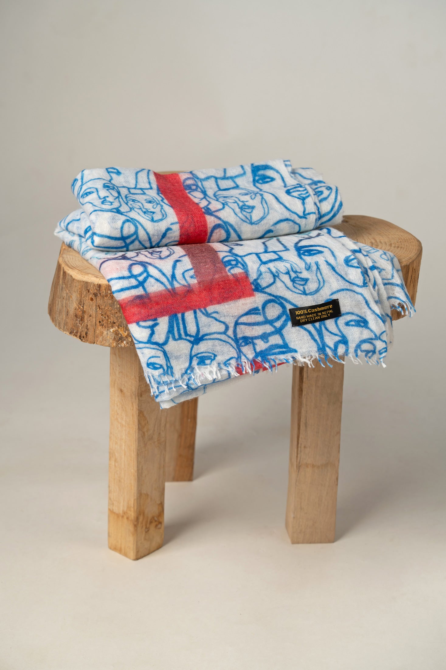 Luxury Abstract Blue Face Print Cashmere Shawl For Women