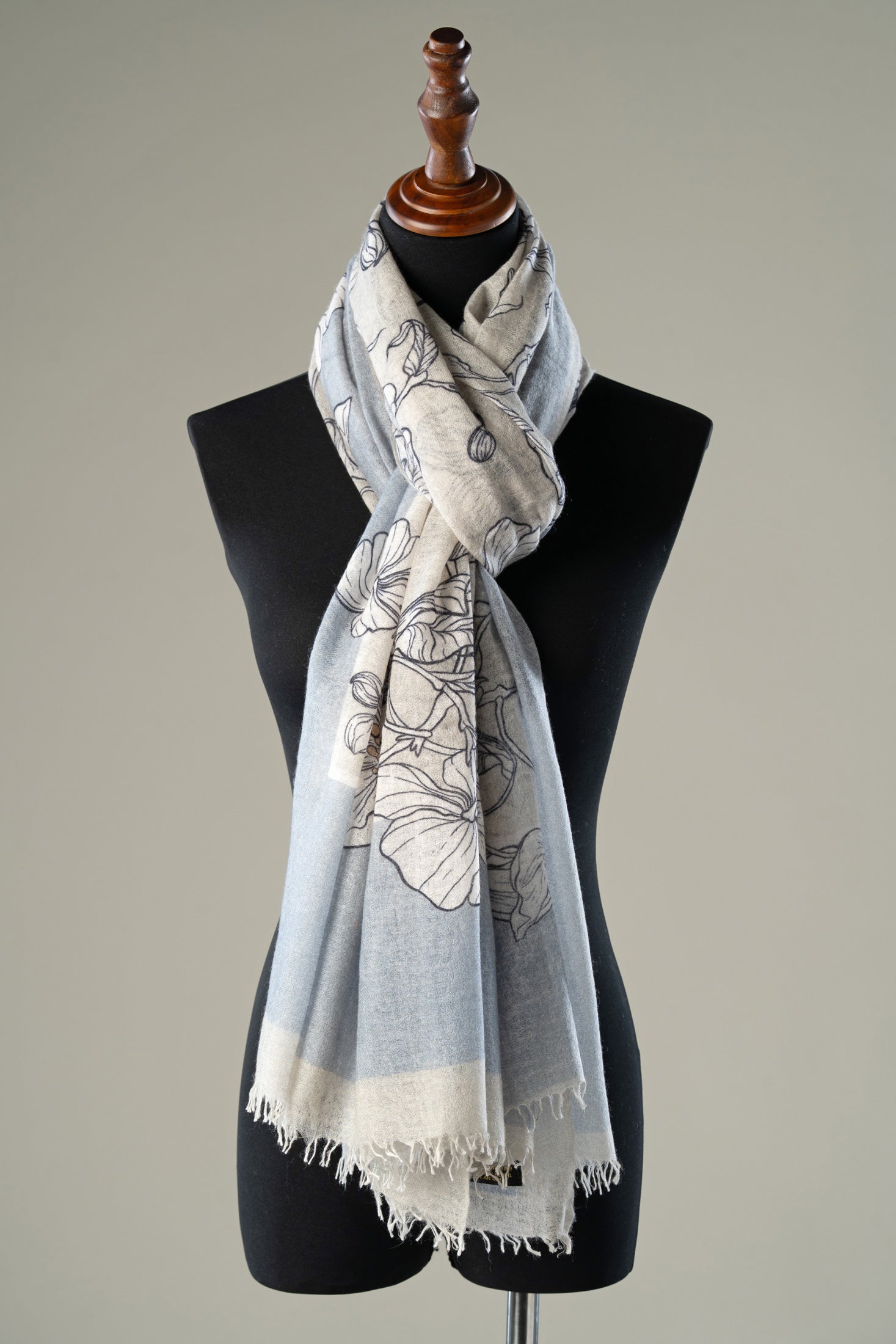 Luxury handwoven designer wrap in ice blue flowers print made of cashmere