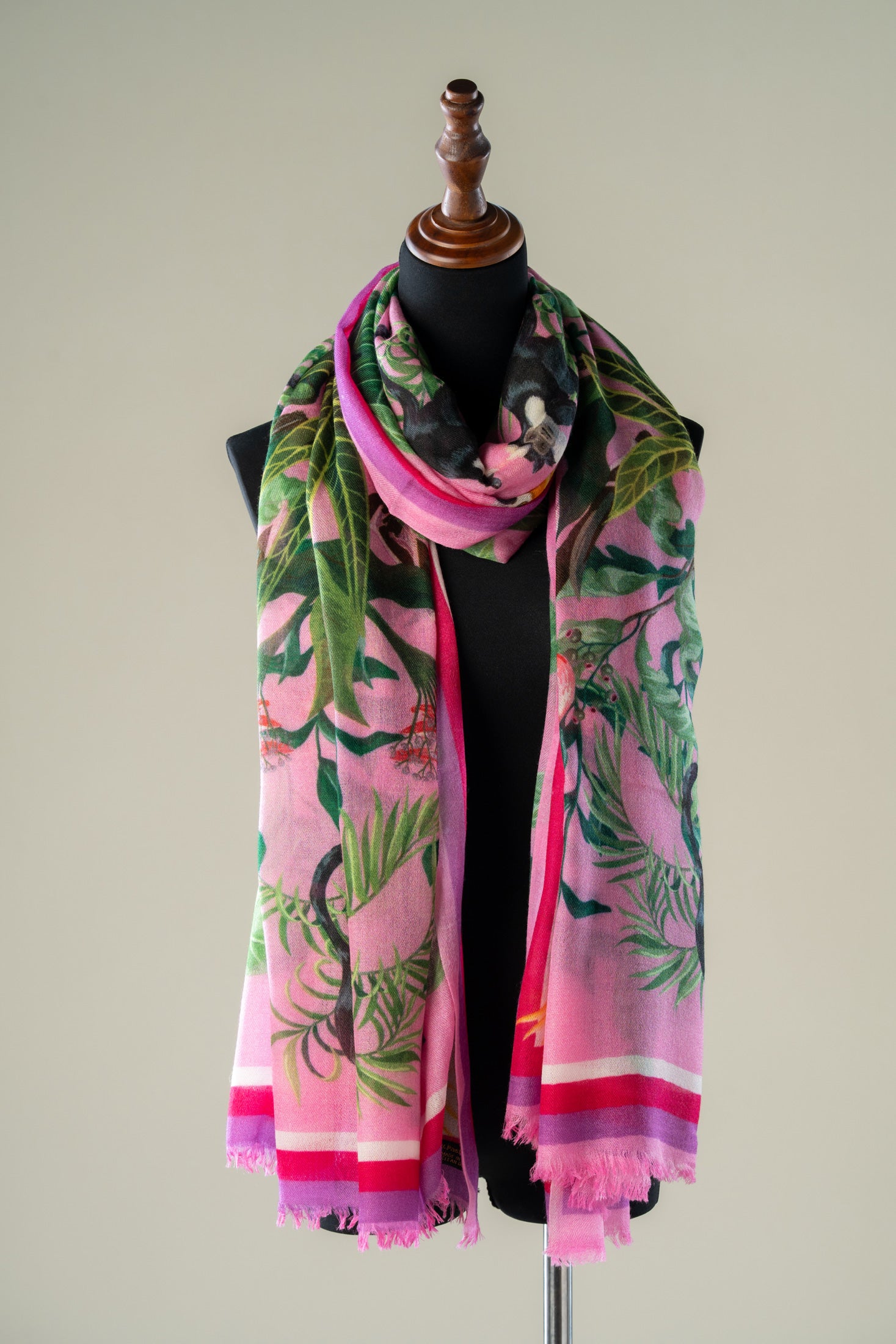 Botanical Print Pink Cashmere Shawl in Tropical Blush