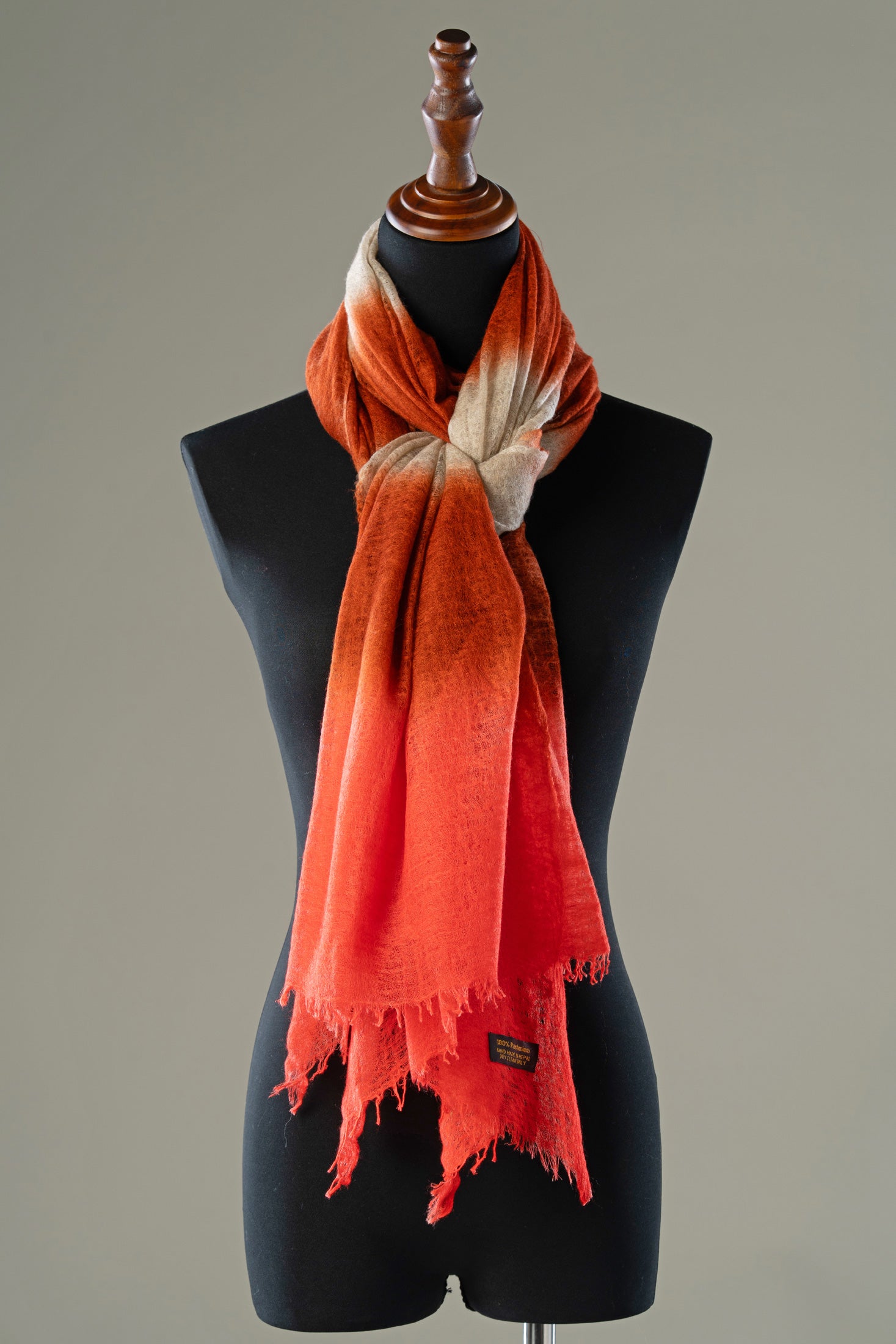 Ivory to Warm Orange & Coral Red Cashmere Shawl