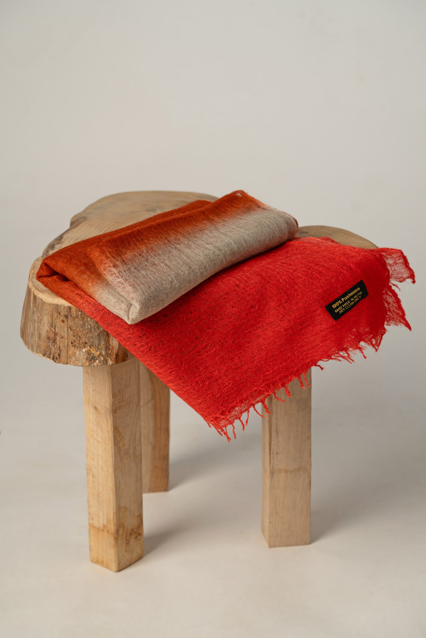 Ivory to Warm Orange & Coral Red Cashmere Shawl
