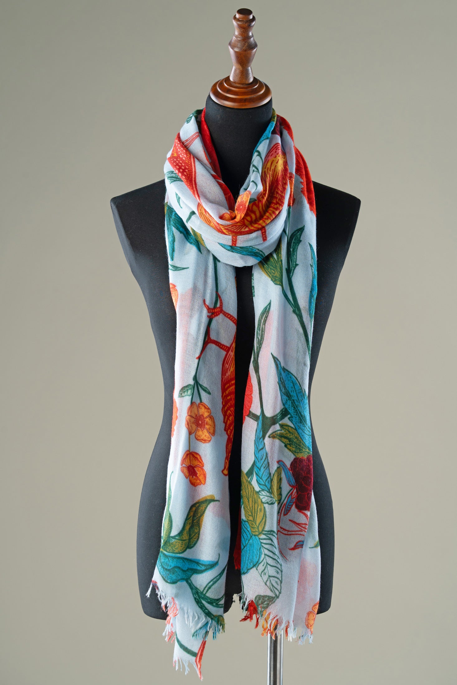 Floral & Bird Print Pashmina Shawl | Handmade in Nepal