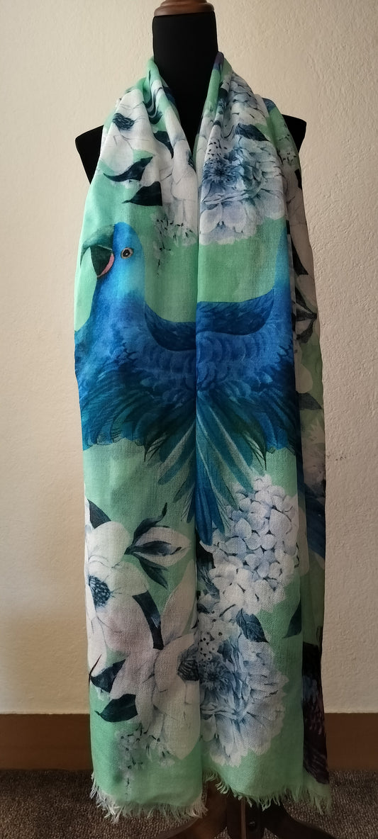 green color bird print 100% pure cashmere shawl