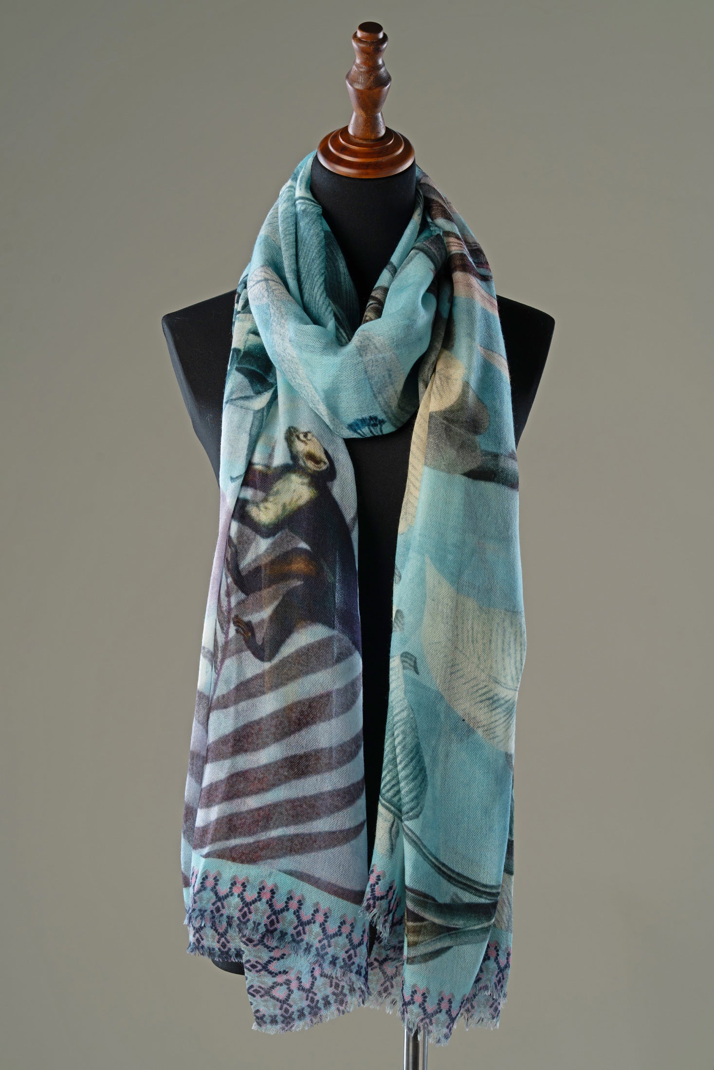 Light Blue Nature-Inspired Print Cashmere Stole