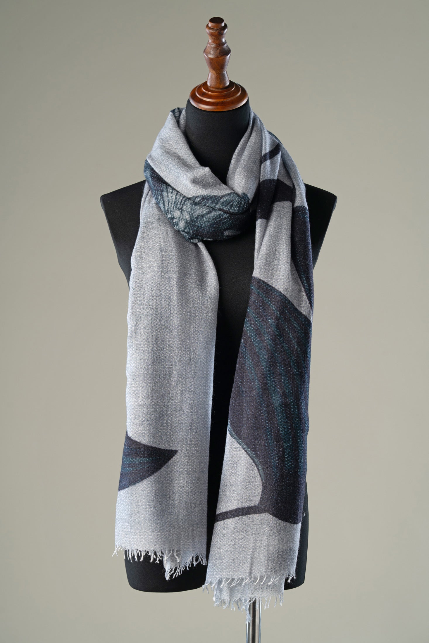 Silver Grey Abstract Cashmere Shawl | Luxury Handwoven Designer Scarf