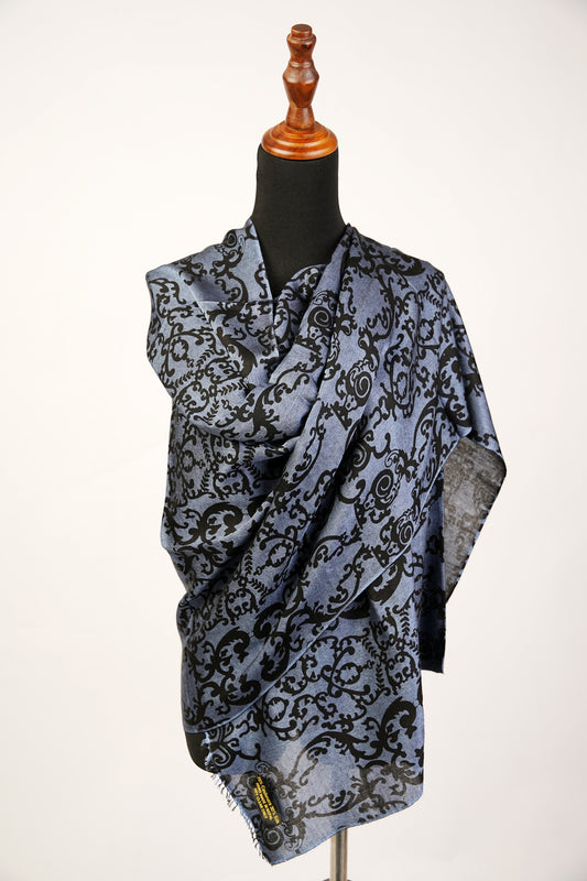 Floral Print Black Pashmina Silk Blend Shawl