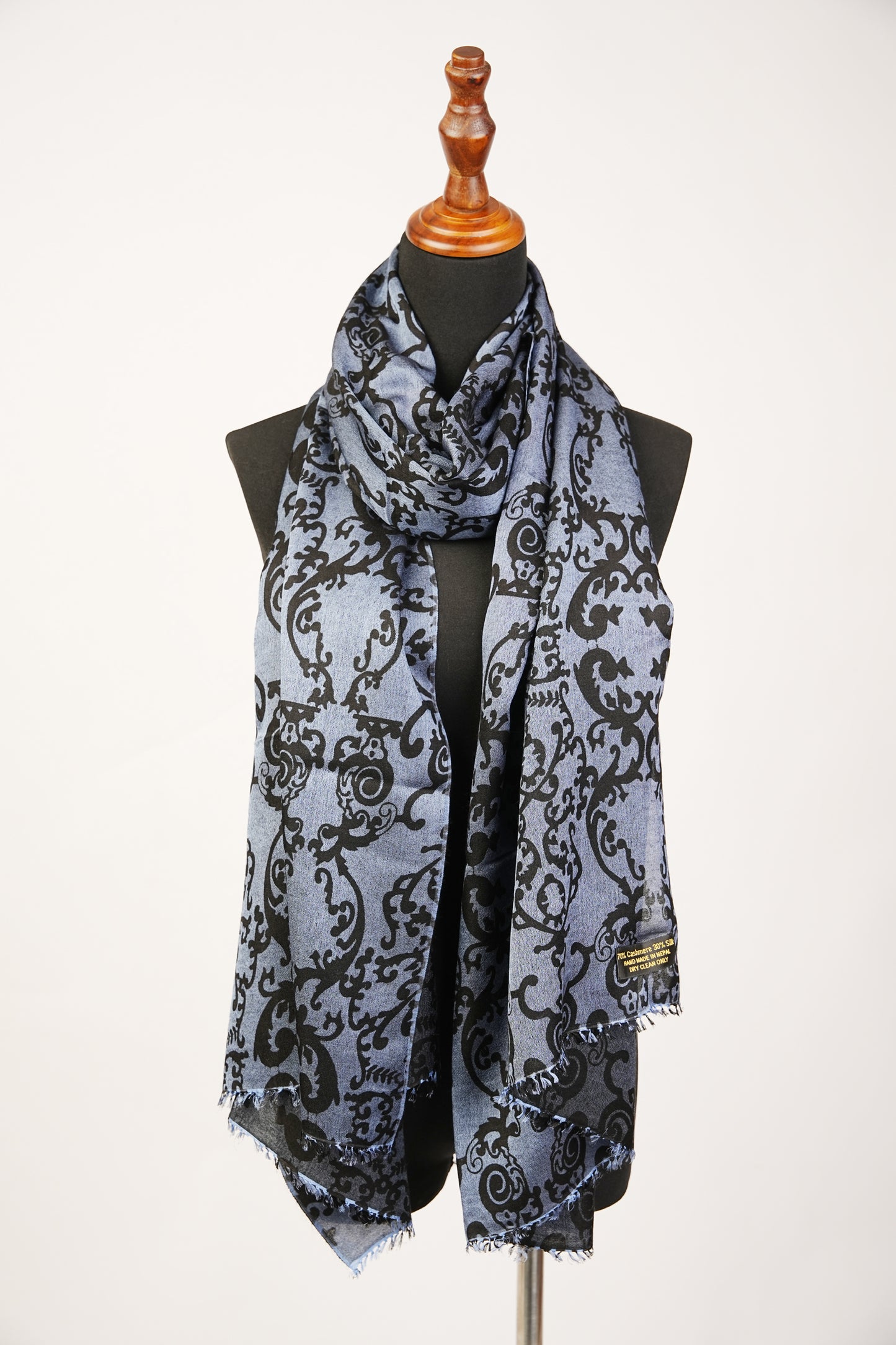 Floral Print Black Pashmina Silk Blend Shawl