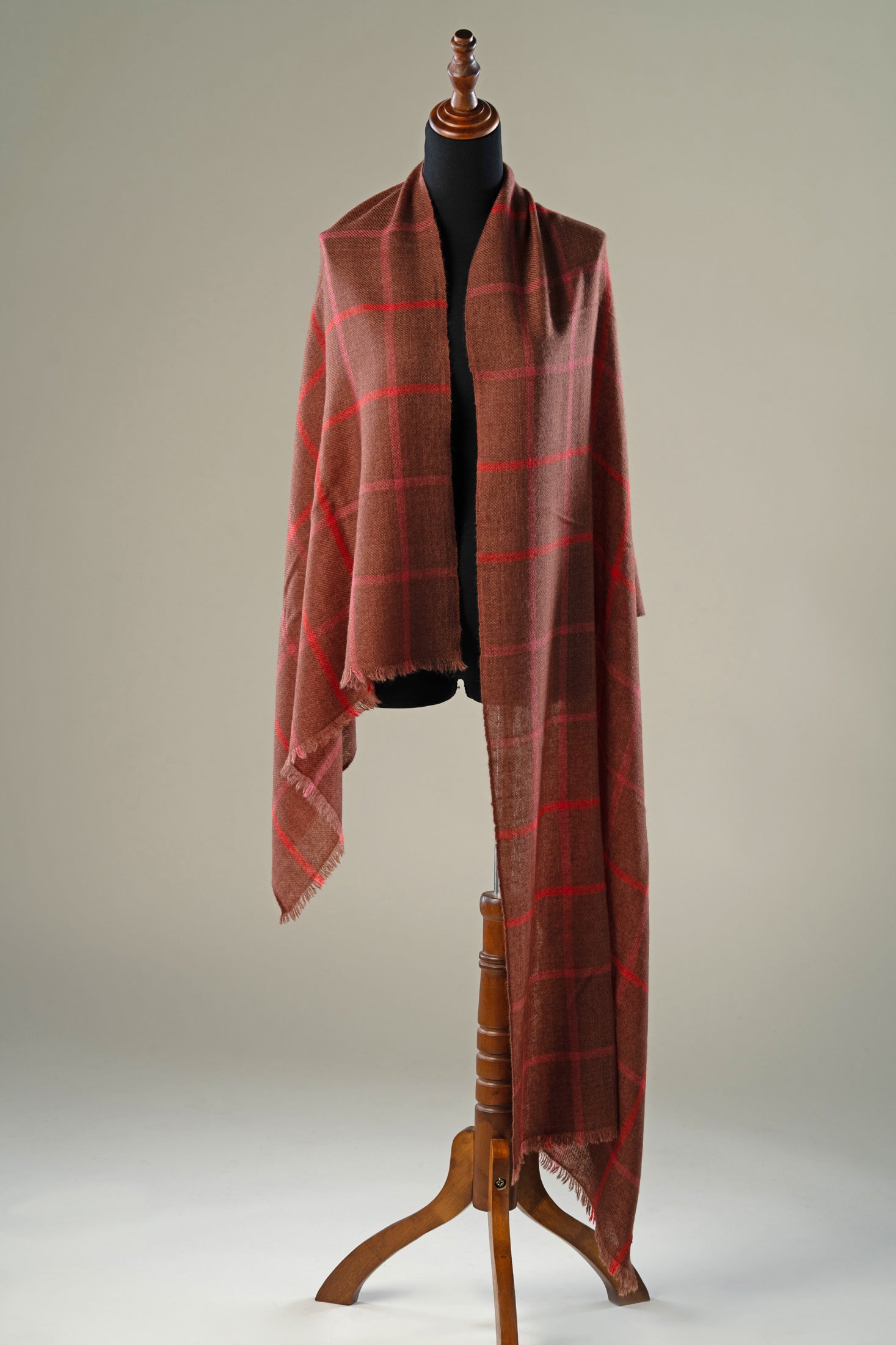 Brown Windowpane Check Cashmere Wrap Shawl | Luxury Women's Wrap