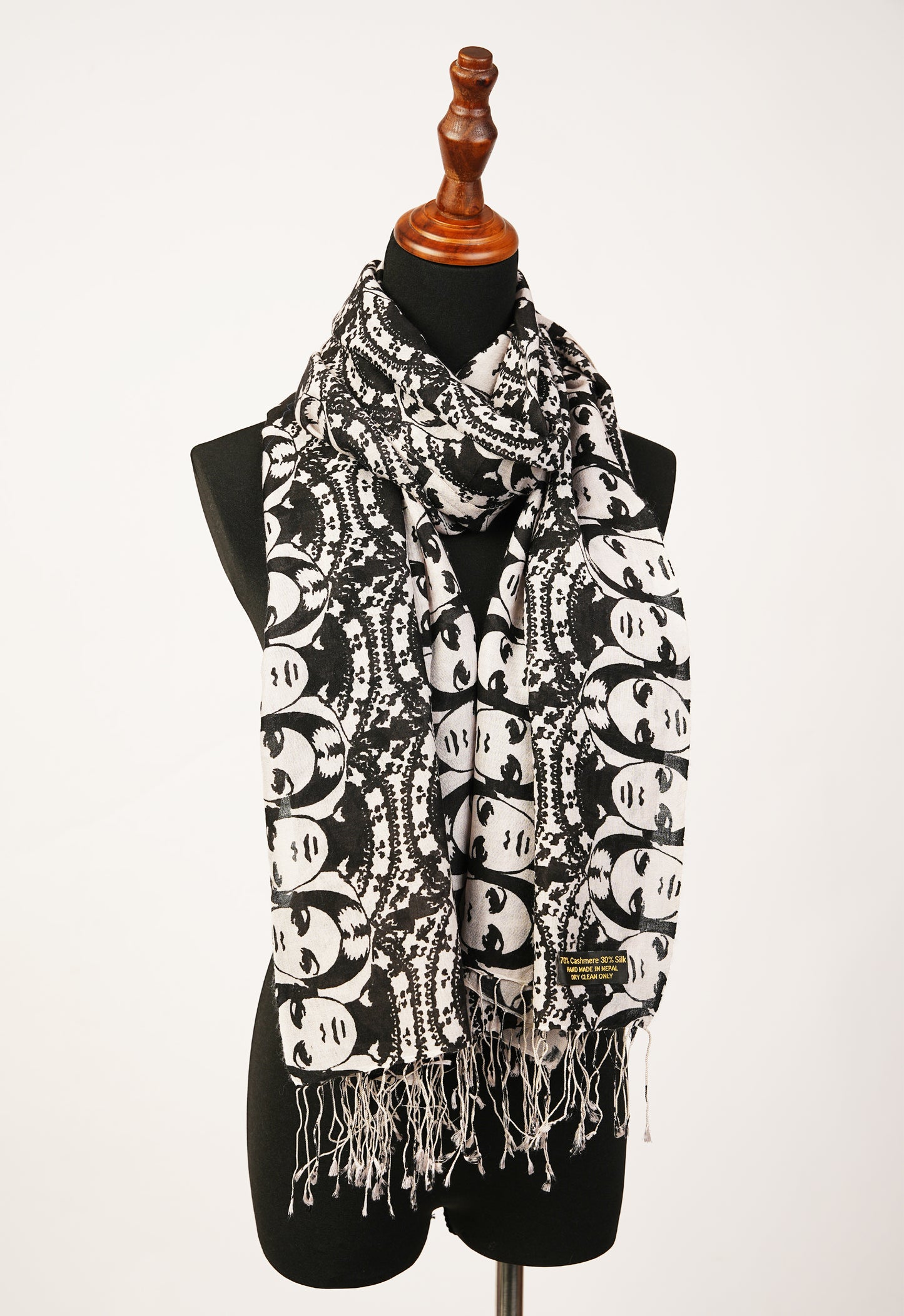 Cashmere and silk blend shawl, wrap, stole, and scarf with a black and white face print