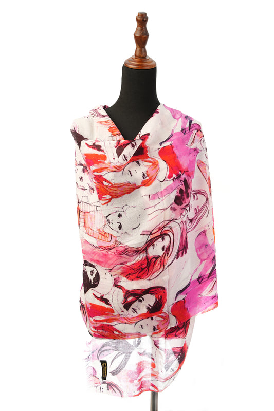 A pure cashmere pashmina shawl with a distinctive face print that is suitable for any season