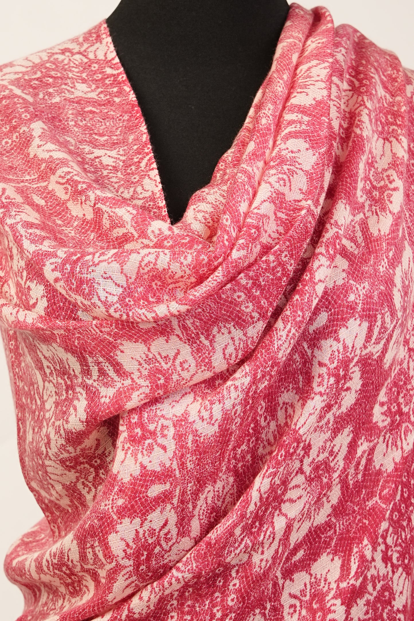 Cashmere silk blend shawl, scarf, or wrap in a light pink and white floral design