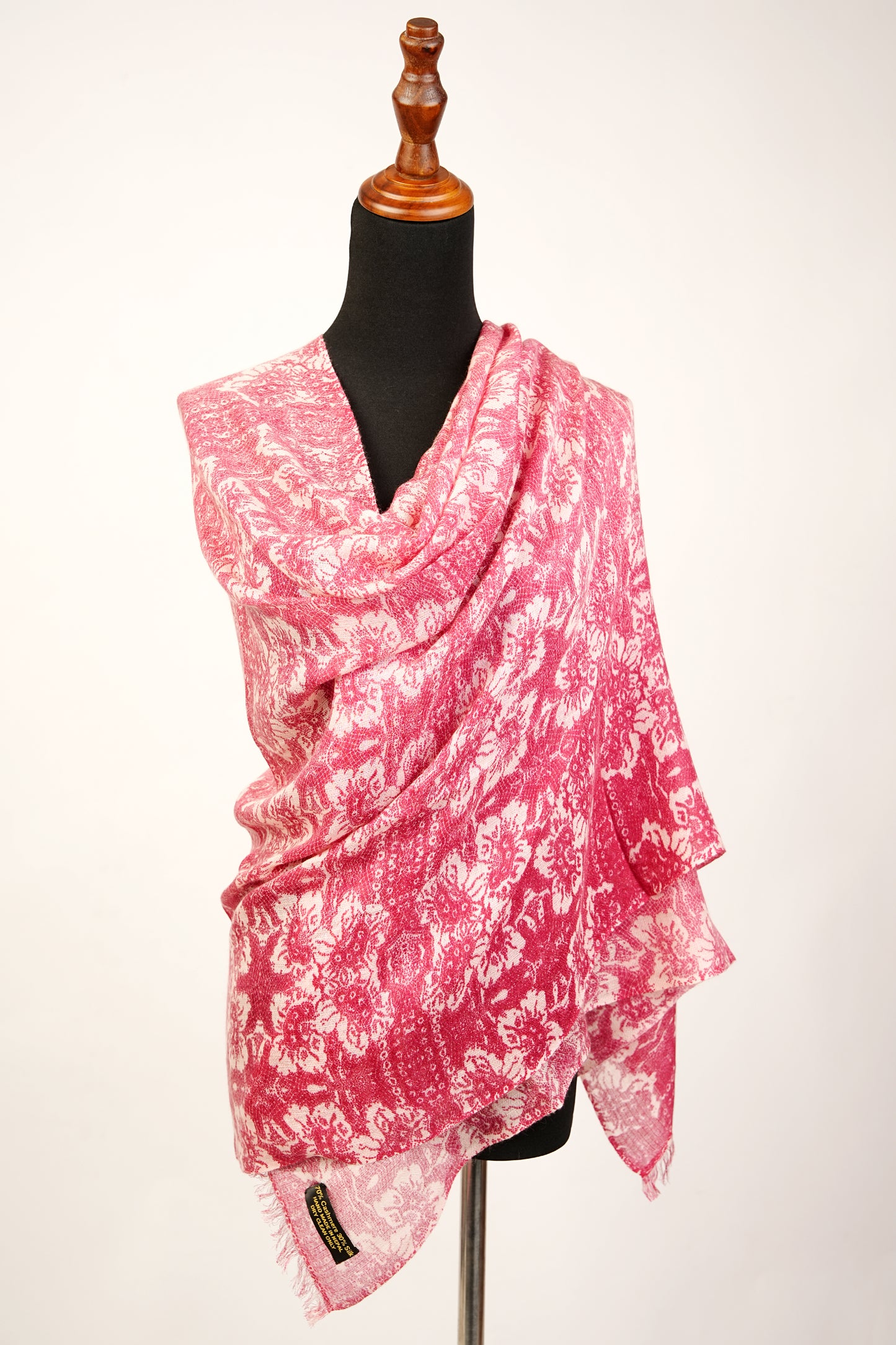 Cashmere silk blend shawl, scarf, or wrap in a light pink and white floral design