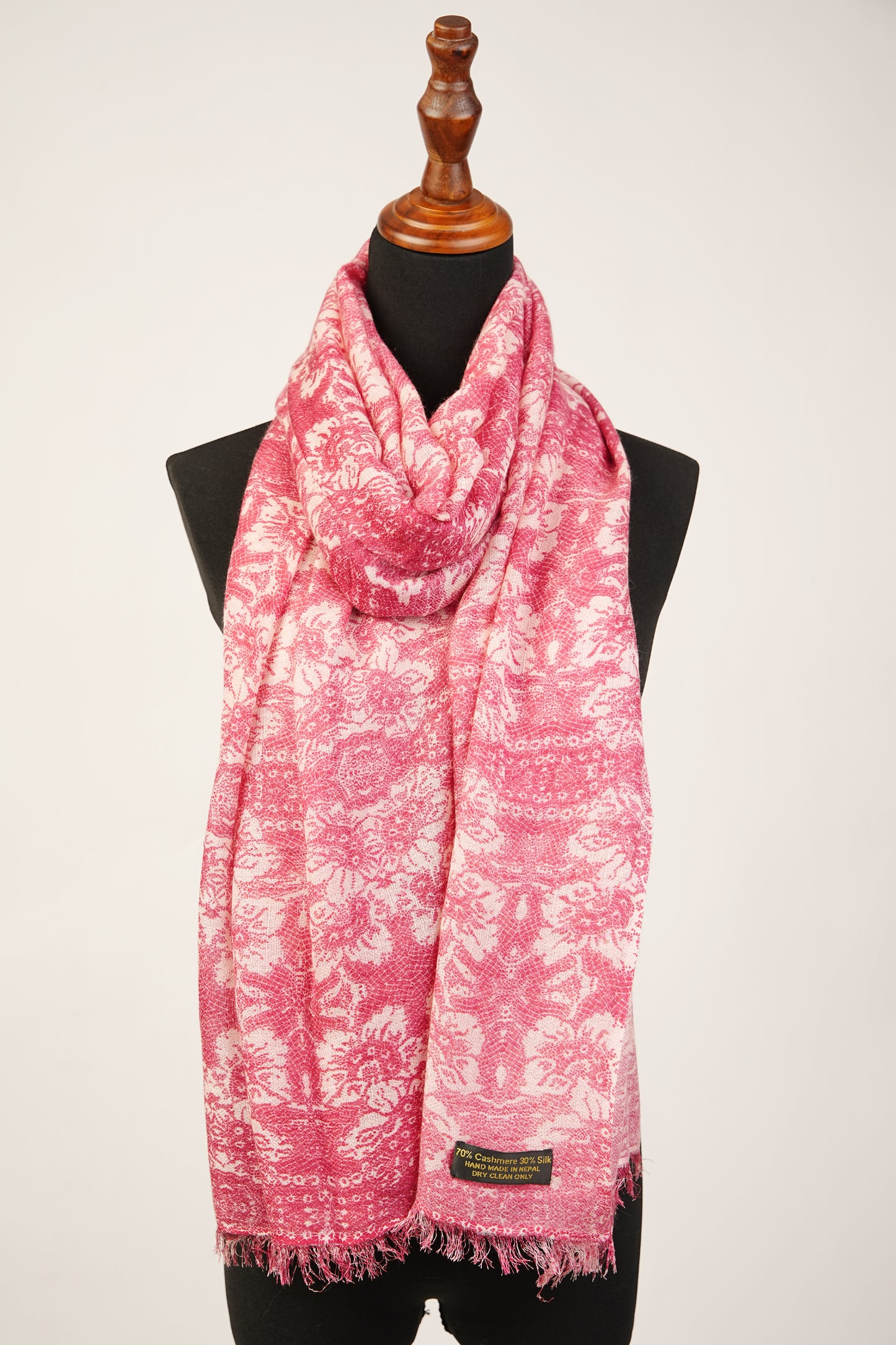 Cashmere silk blend shawl, scarf, or wrap in a light pink and white floral design