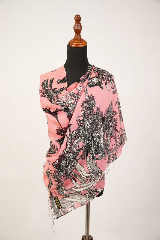 This wrap features a beautiful cashmere and silk blend shawl with a pink and black jungle theme print.