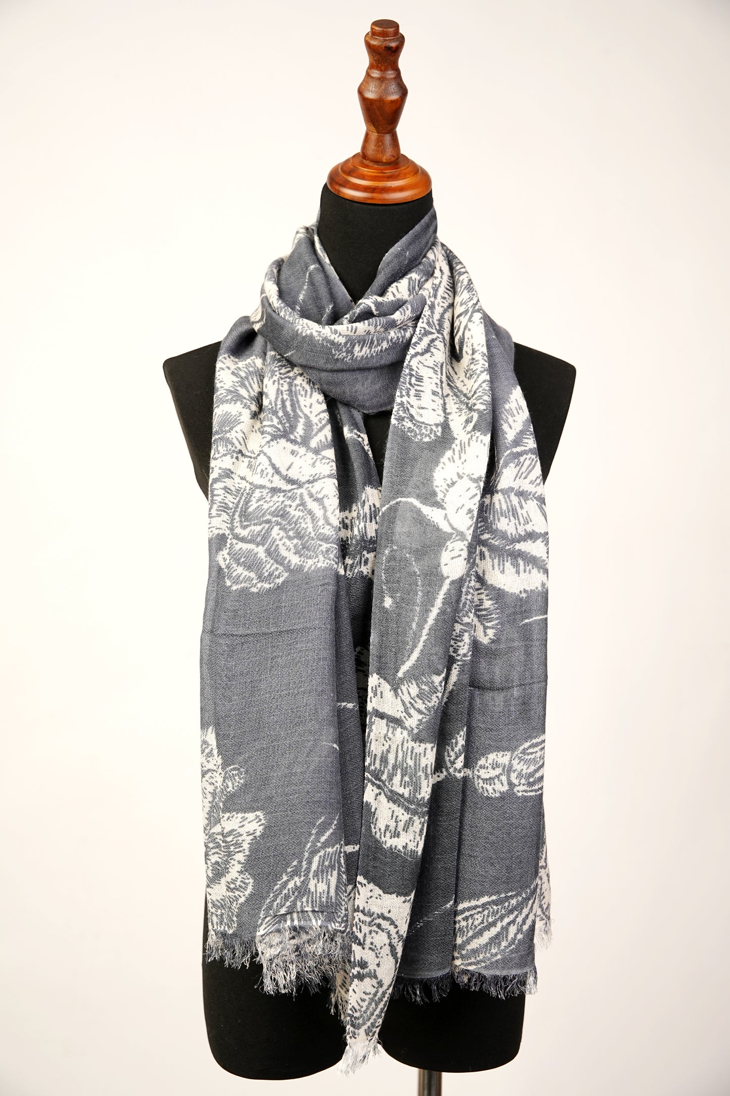 Grey and White Floral Cashmere Rose Brocade Shawl