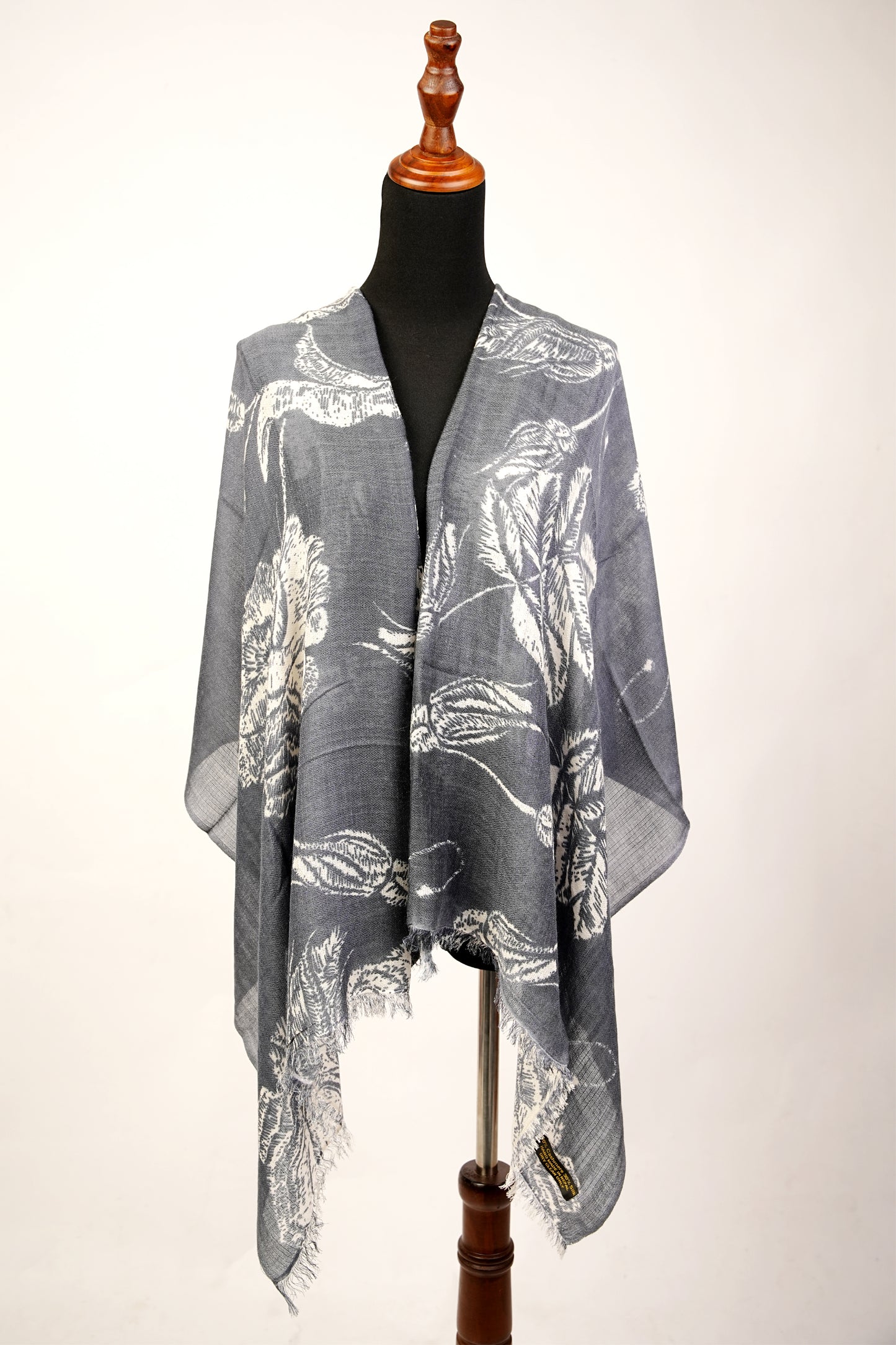 Grey and White Floral Cashmere Rose Brocade Shawl