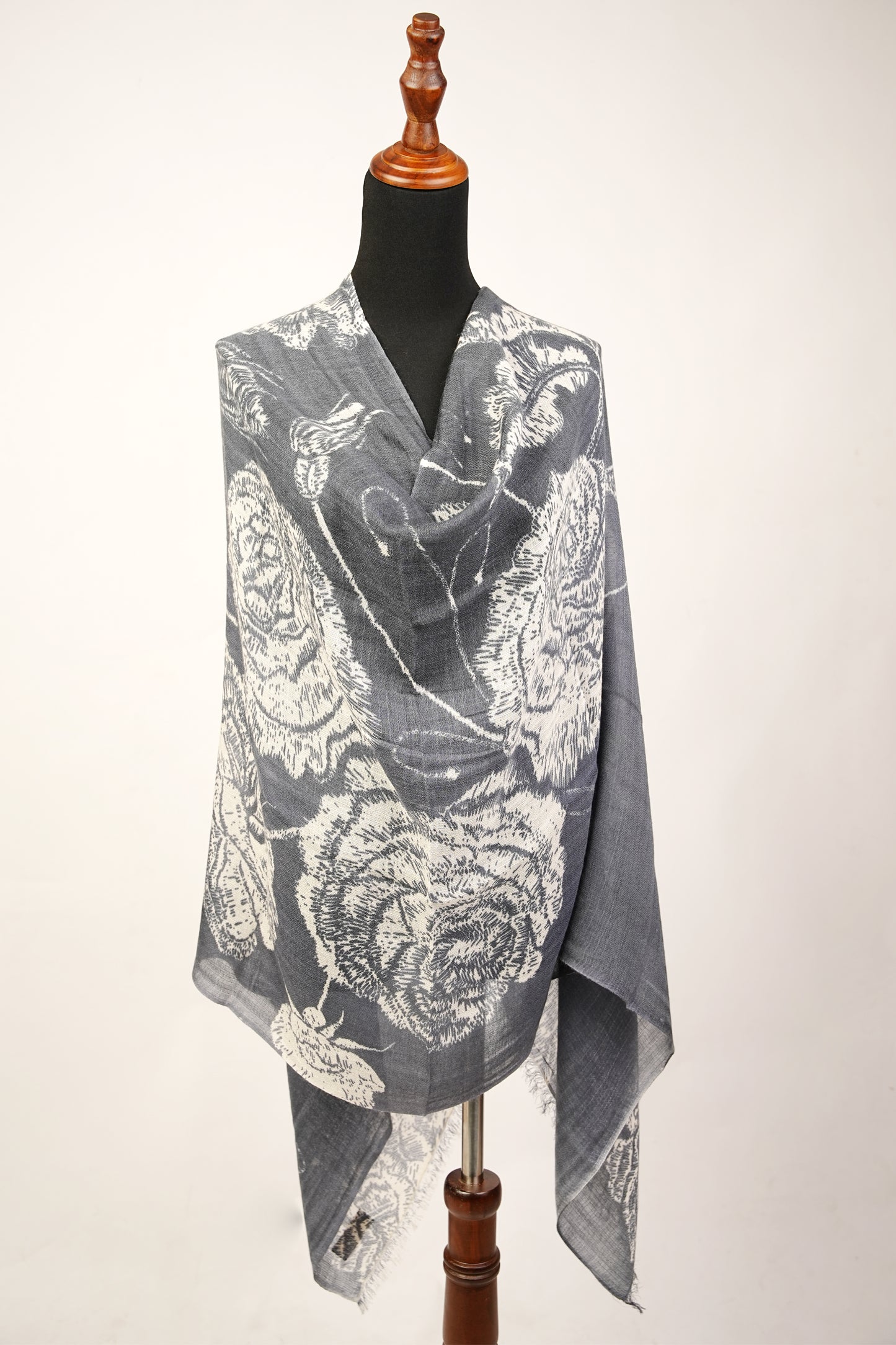 Grey and White Floral Cashmere Rose Brocade Shawl