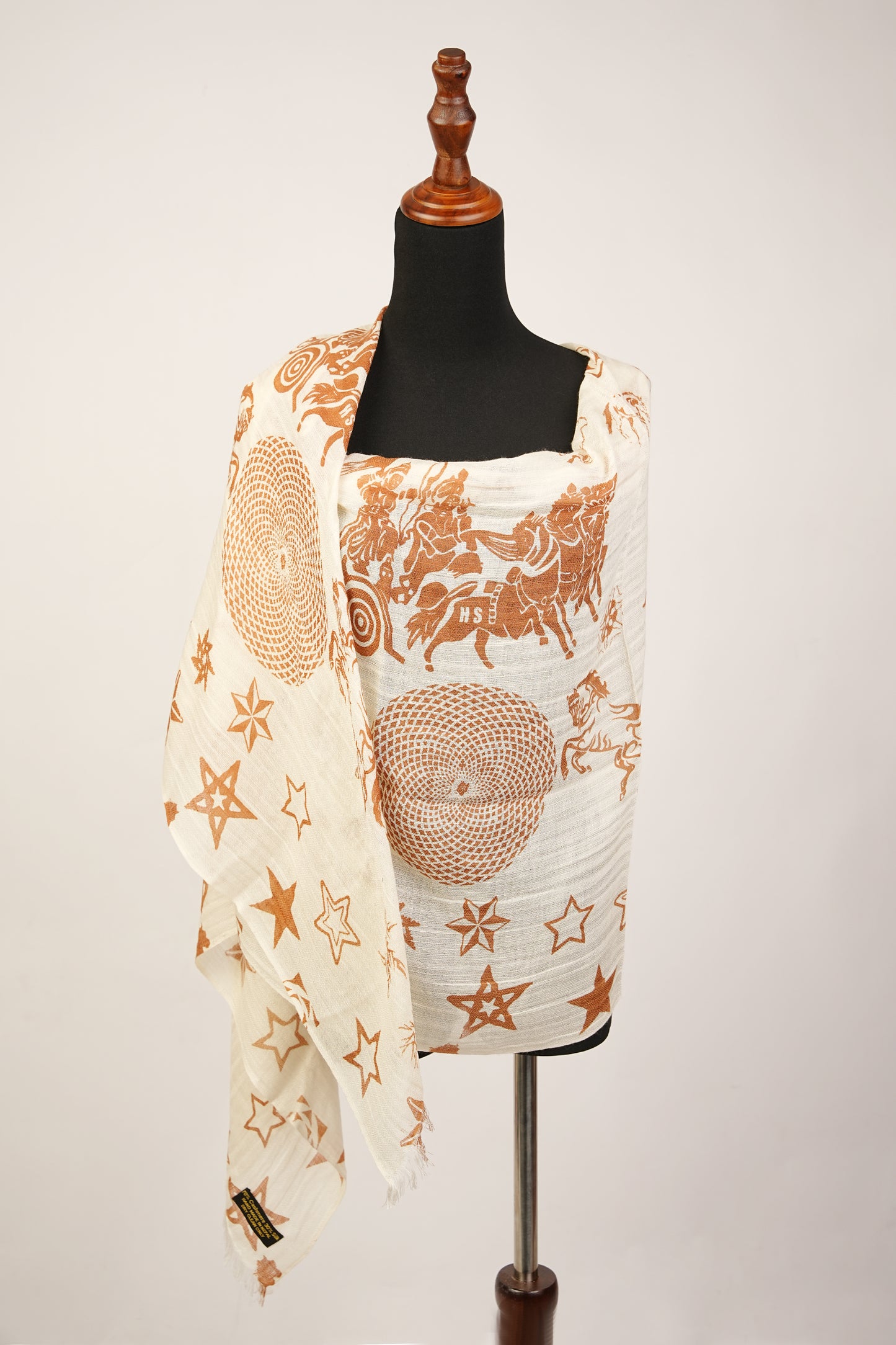 Mahabharat print Pashmina Shawl  features Arjuna and Krishna riding a chariot