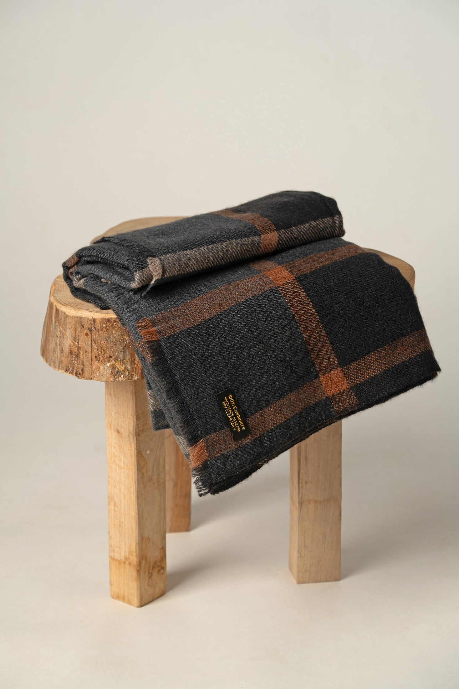 Plaid Pashmina Shawl | Charcoal Gray with Tan & Cream Check Scarf