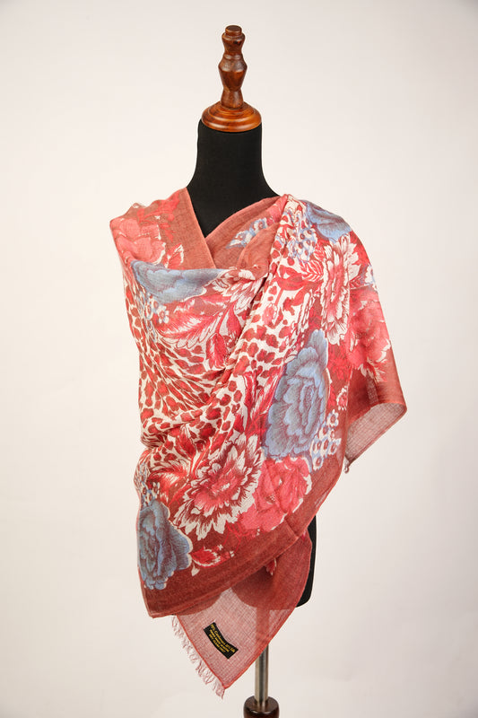 Vibrant Red, Gray, and Orange Floral Print cashmere and silk wrap