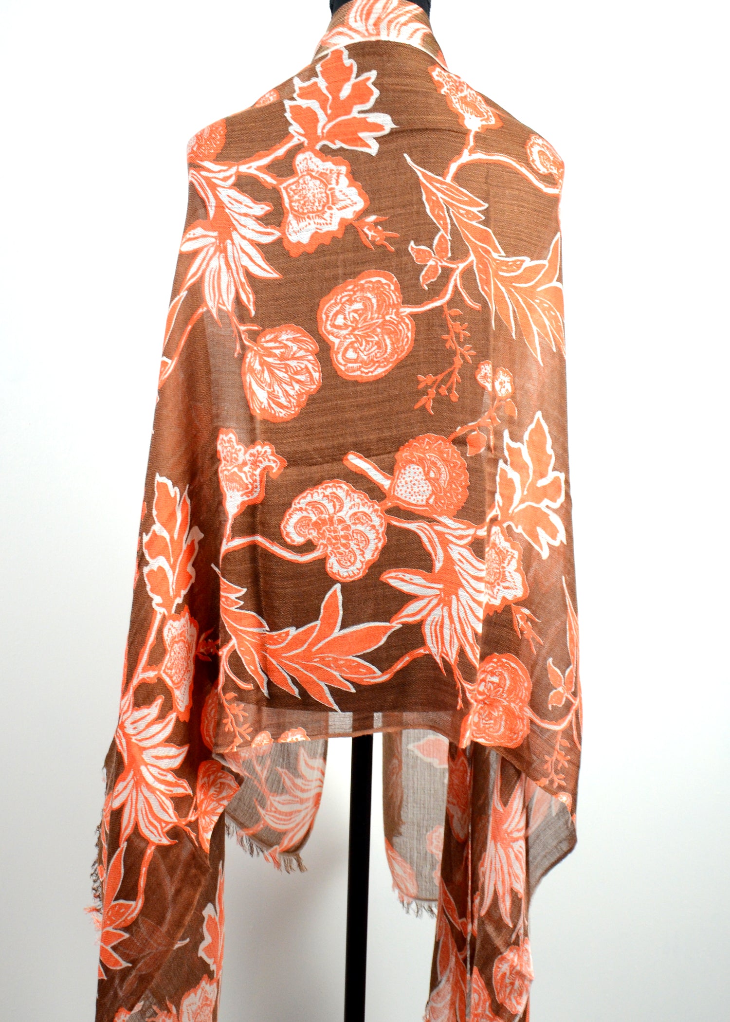Brown- Orange floral print Pashmina stole