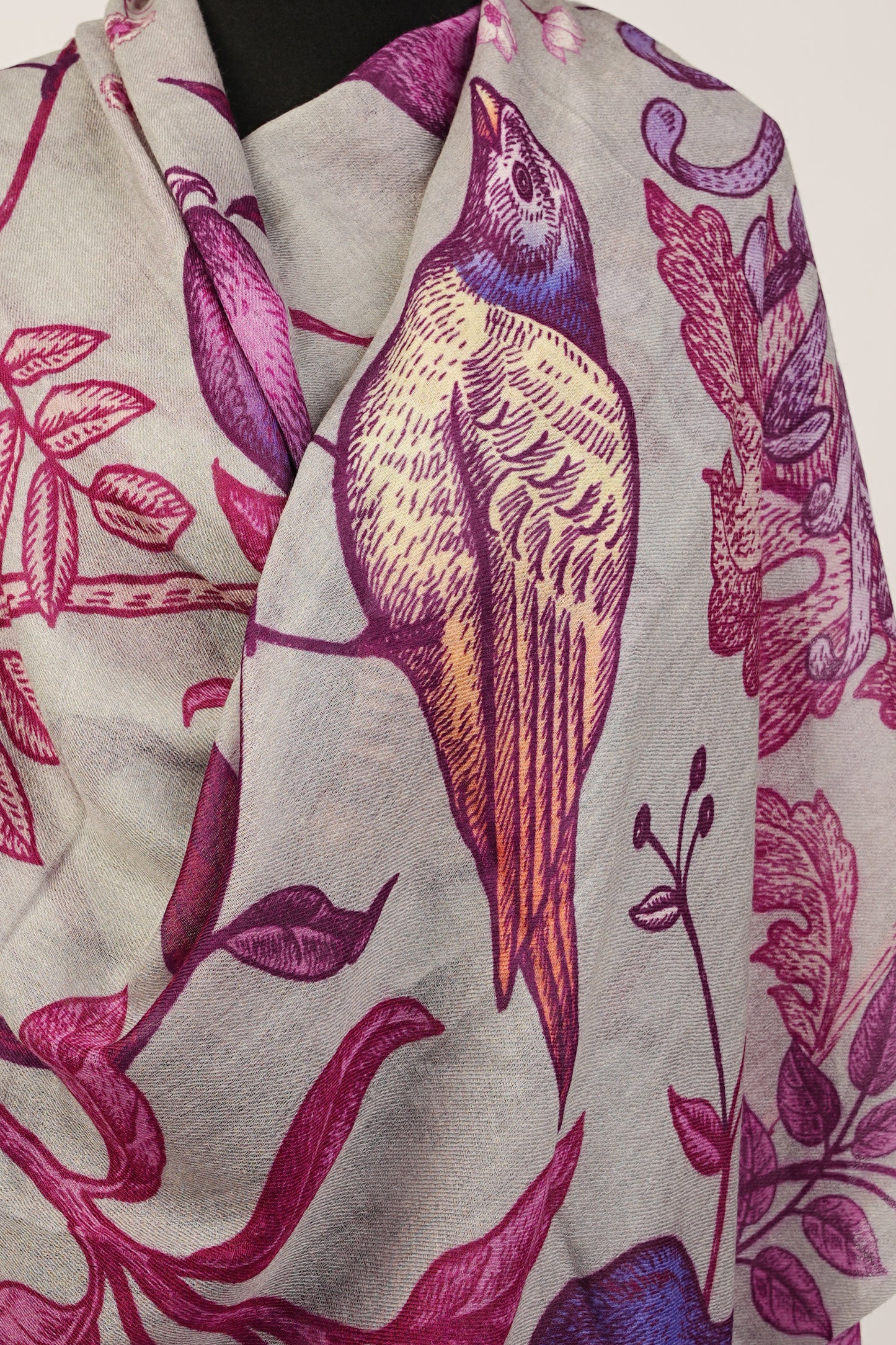 Grey pashmina shawl crafted with pure pashmina wool featuring a floral and bird print.