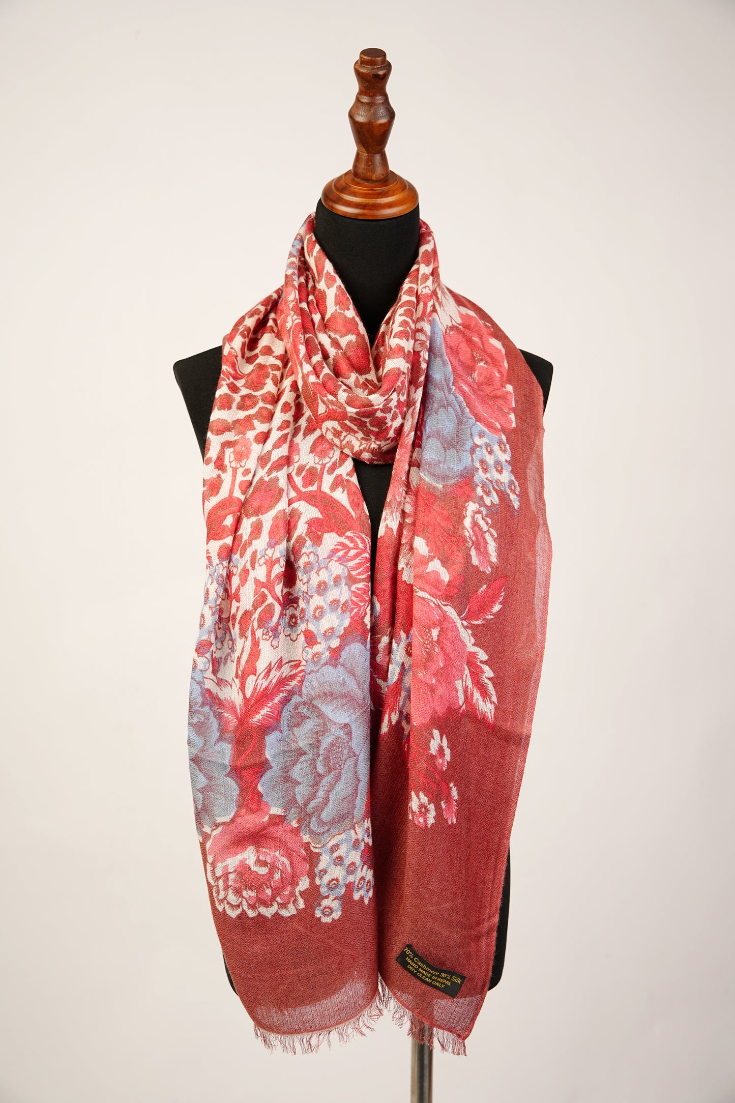 Vibrant Red, Gray, and Orange Floral Print cashmere and silk wrap