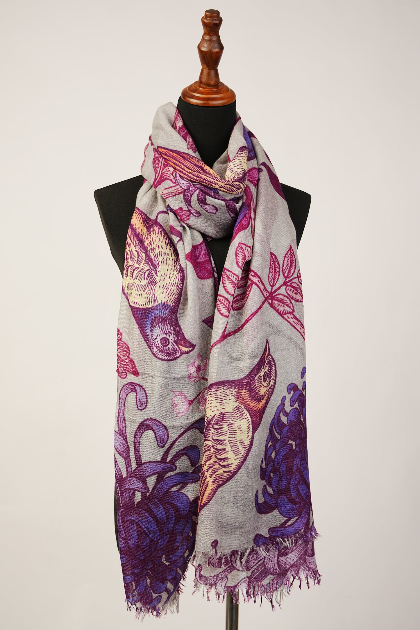 Grey pashmina shawl crafted with pure pashmina wool featuring a floral and bird print.