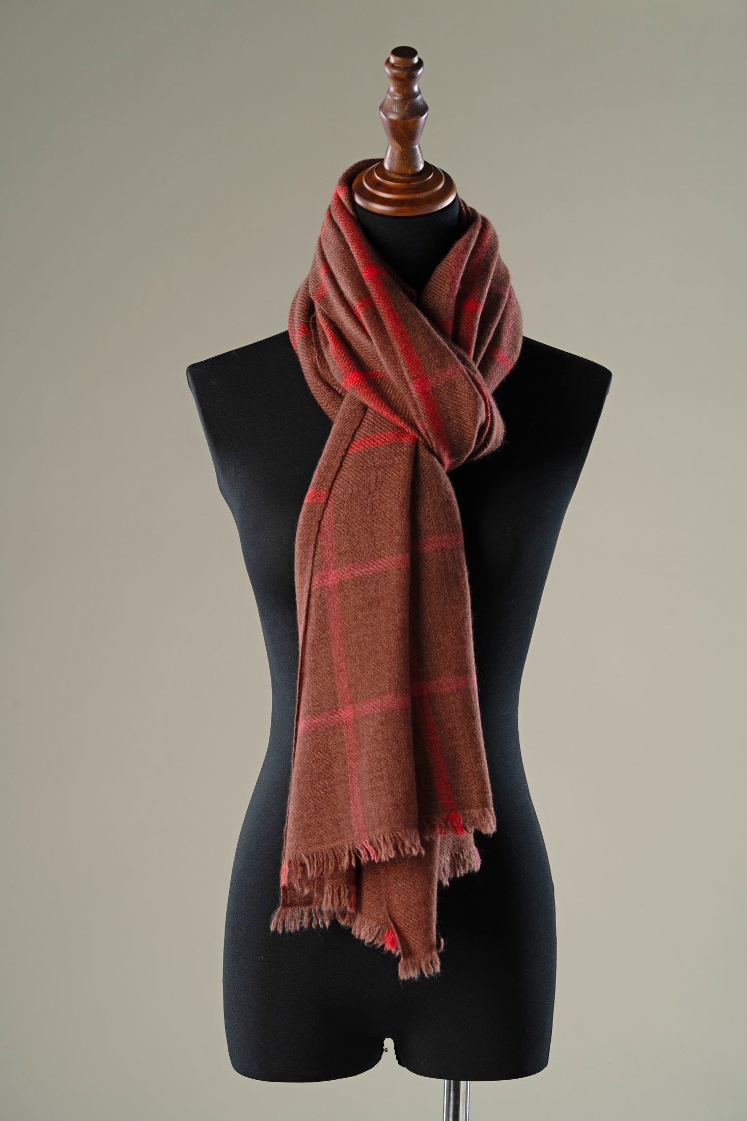 Brown Windowpane Check Cashmere Wrap Shawl | Luxury Women's Wrap