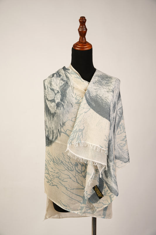 The Pashmina and Silk combination shawl features a lion design print.