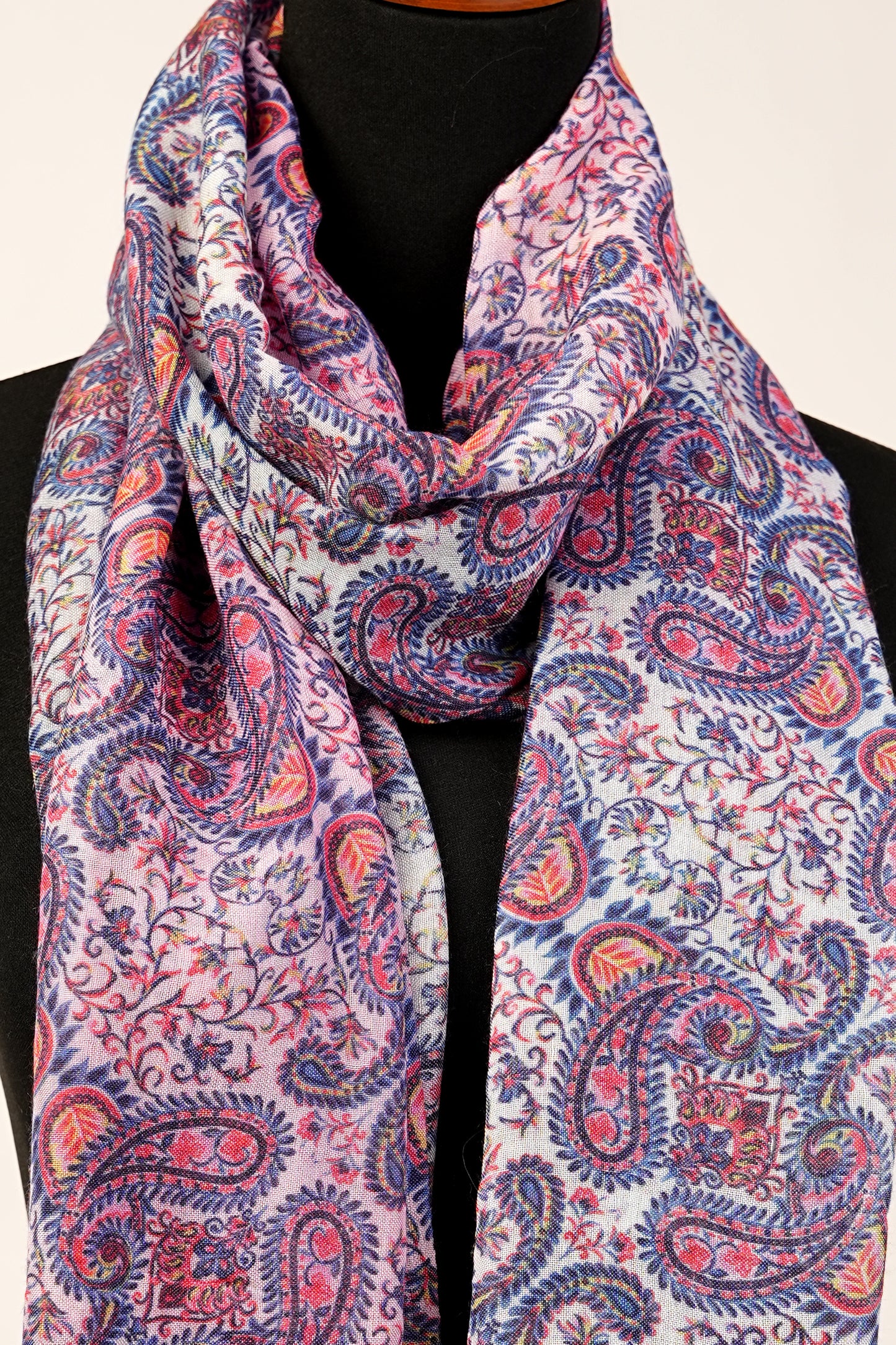 Paisley Floral Print Blue Purple Cashmere Wool and Silk Stole Scarf Wrap