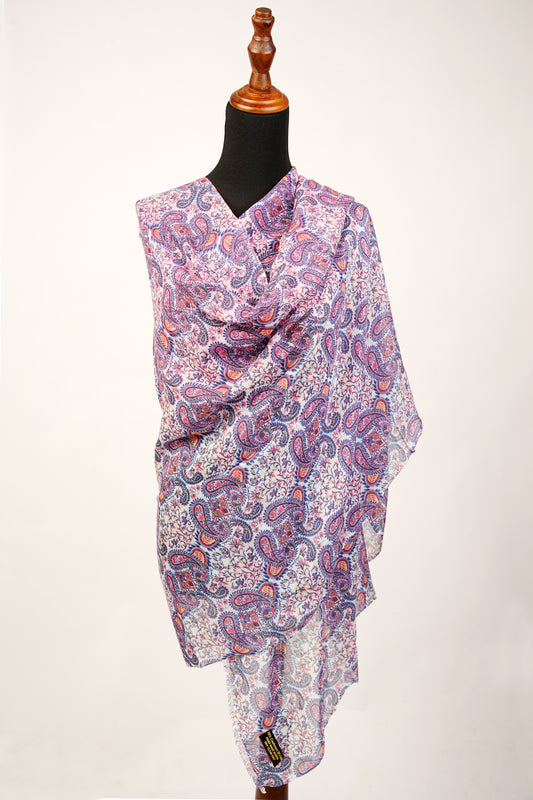 Paisley Floral Print Blue Purple Cashmere Wool and Silk Stole Scarf Wrap